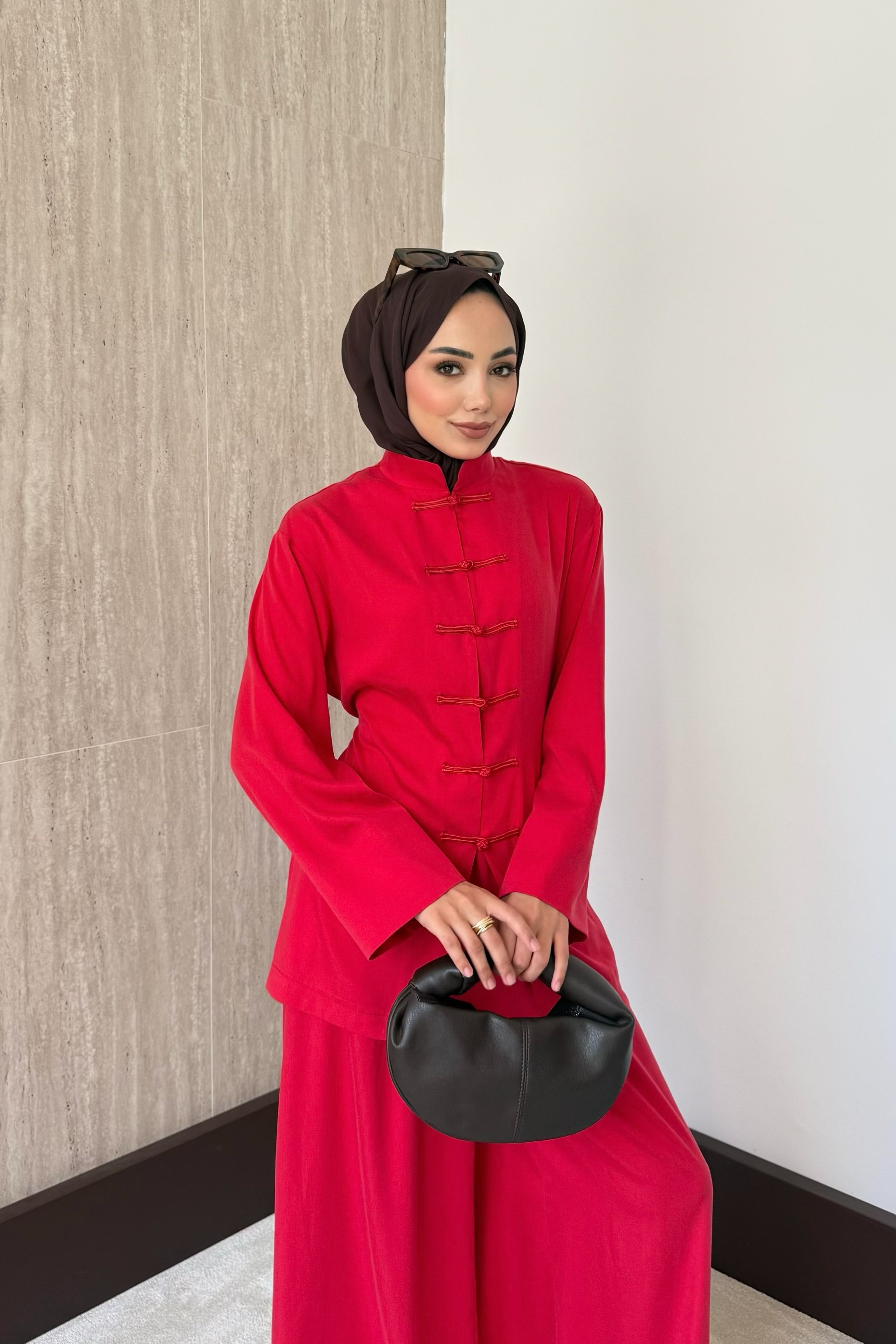Meysa Birit Düğmeli Pantolonlu Takım - Kırmızı