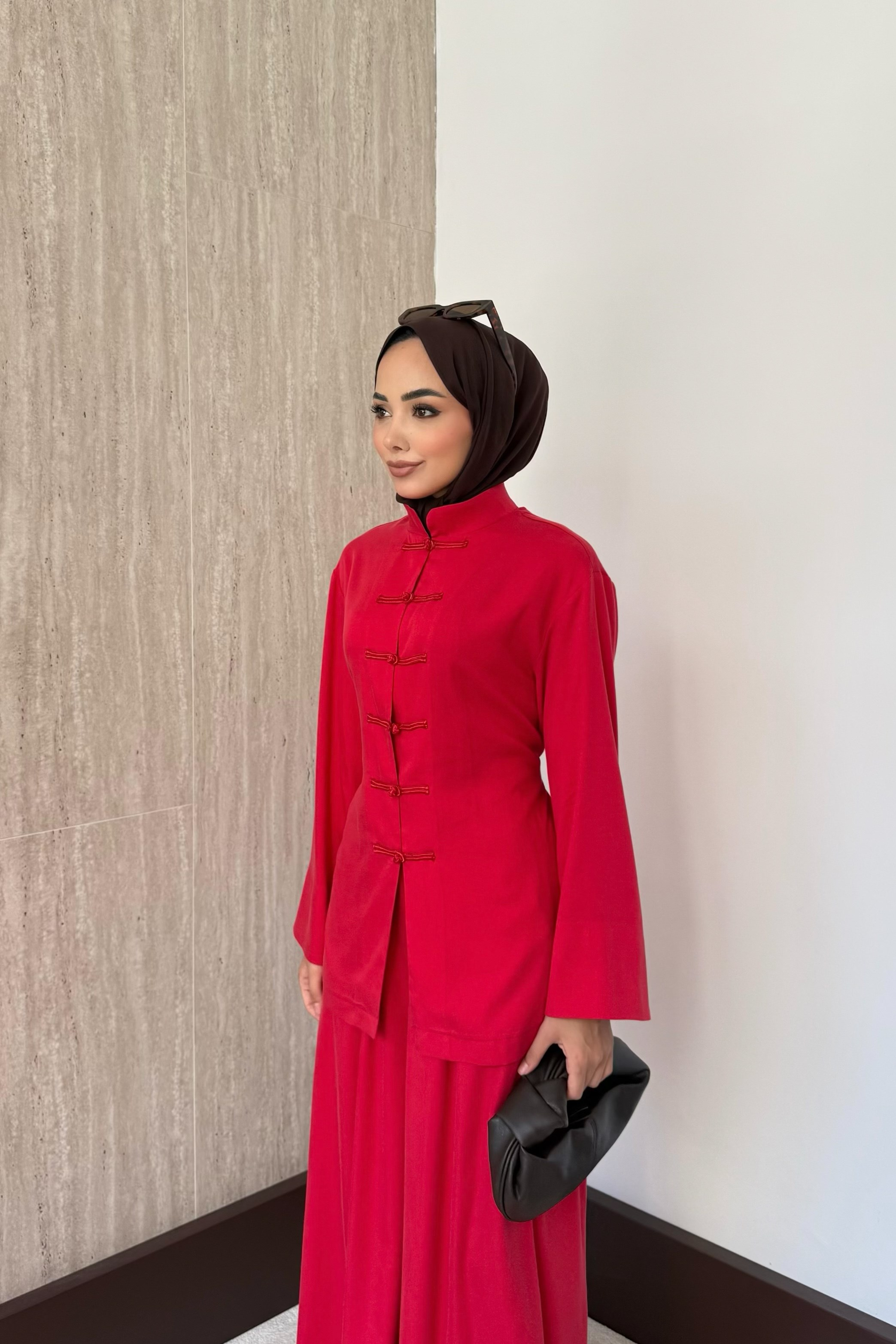 Meysa Birit Düğmeli Pantolonlu Takım - Kırmızı