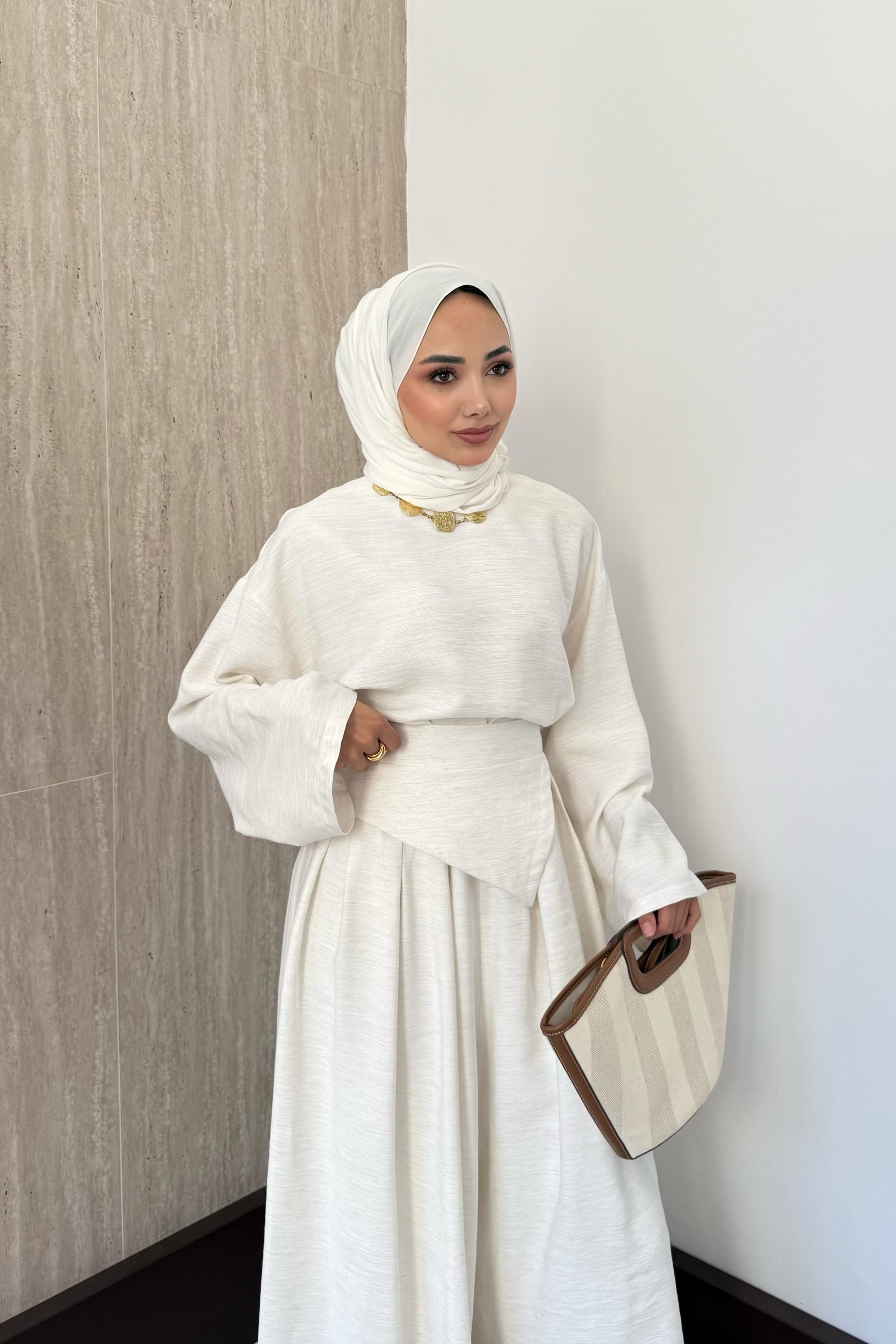 Mia Keten Pantolonlu Takım - Ekru