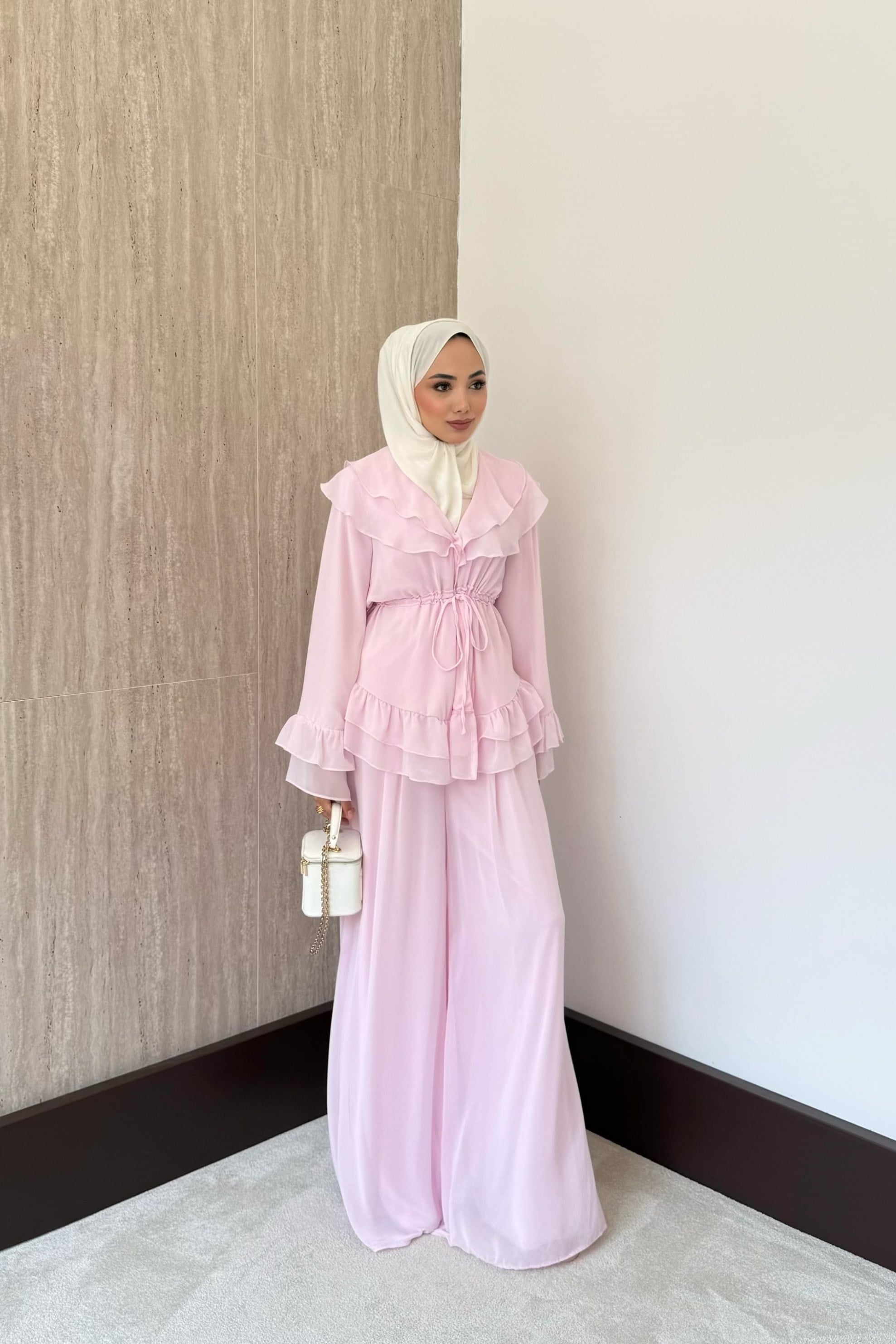 Mila Fırfırlı Şifon Takım - Pembe