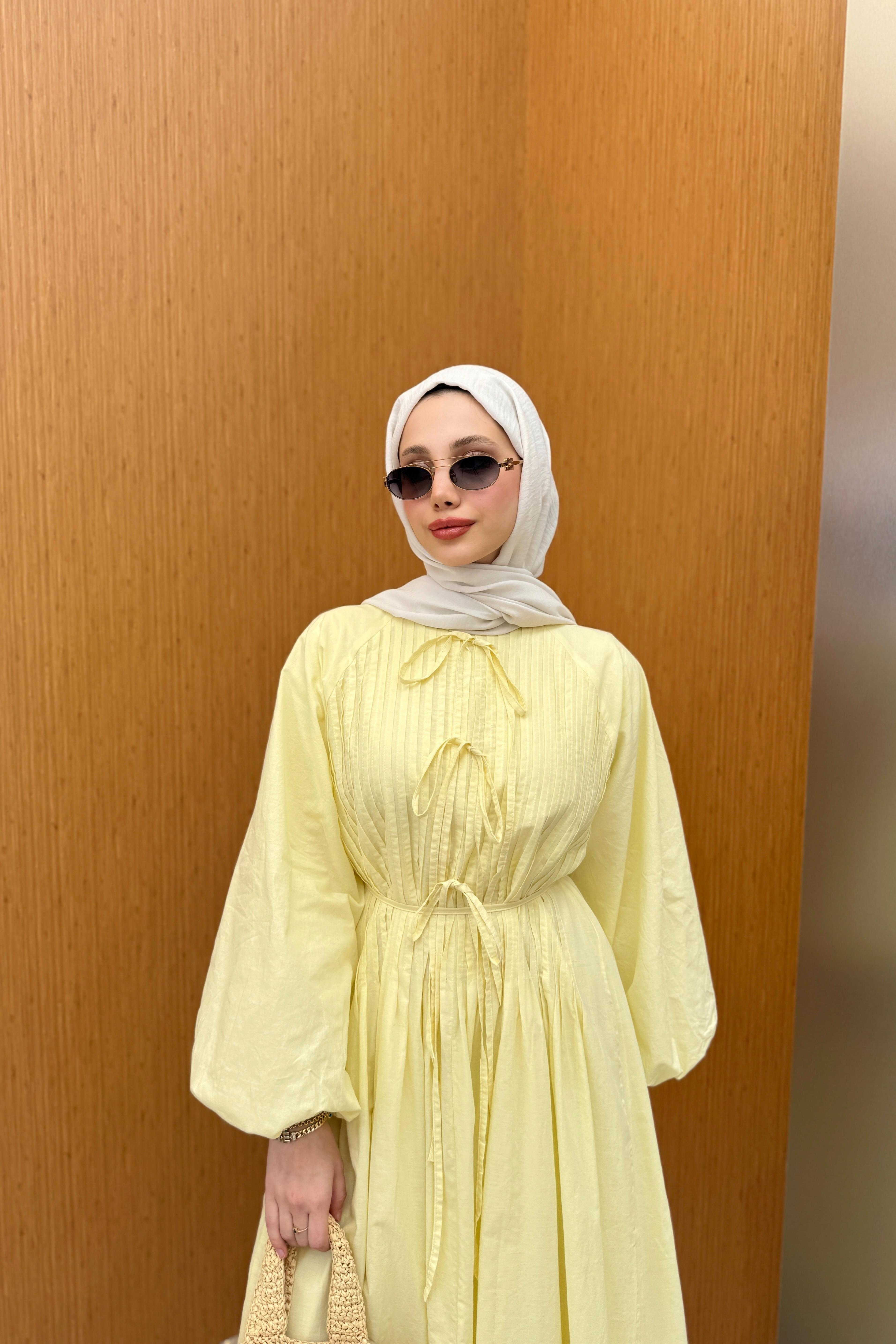 Nervür Bağlamalı Keten Elbise - Sarı