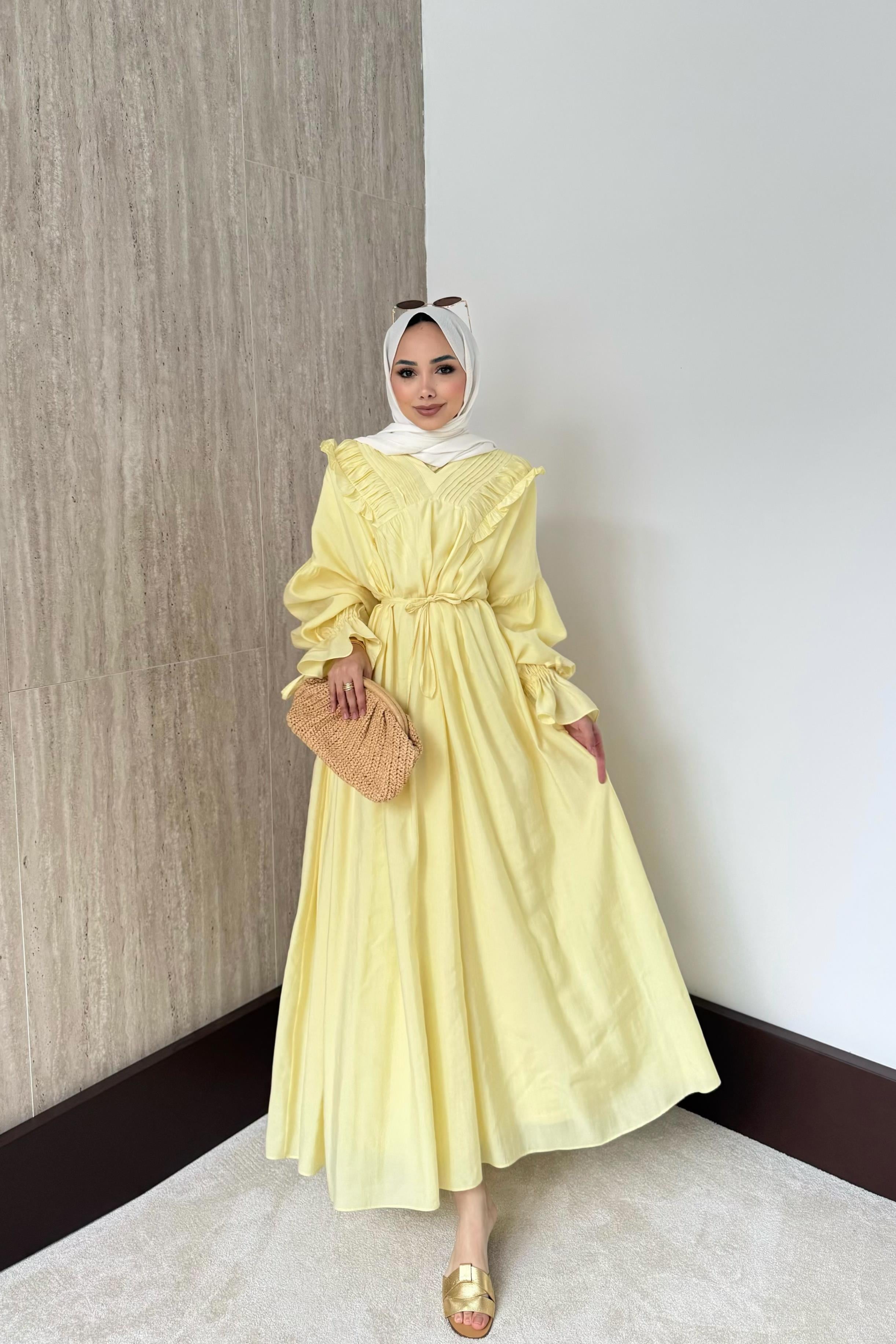 Nervürlü Modal Elbise - Sarı