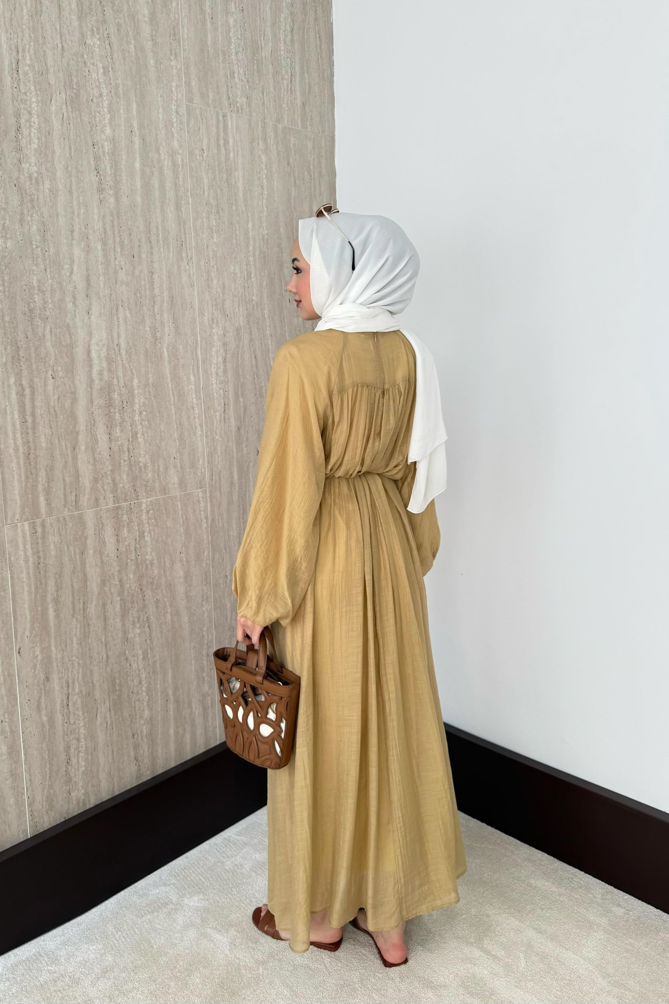 Nervürlü Vual Elbise - Haki