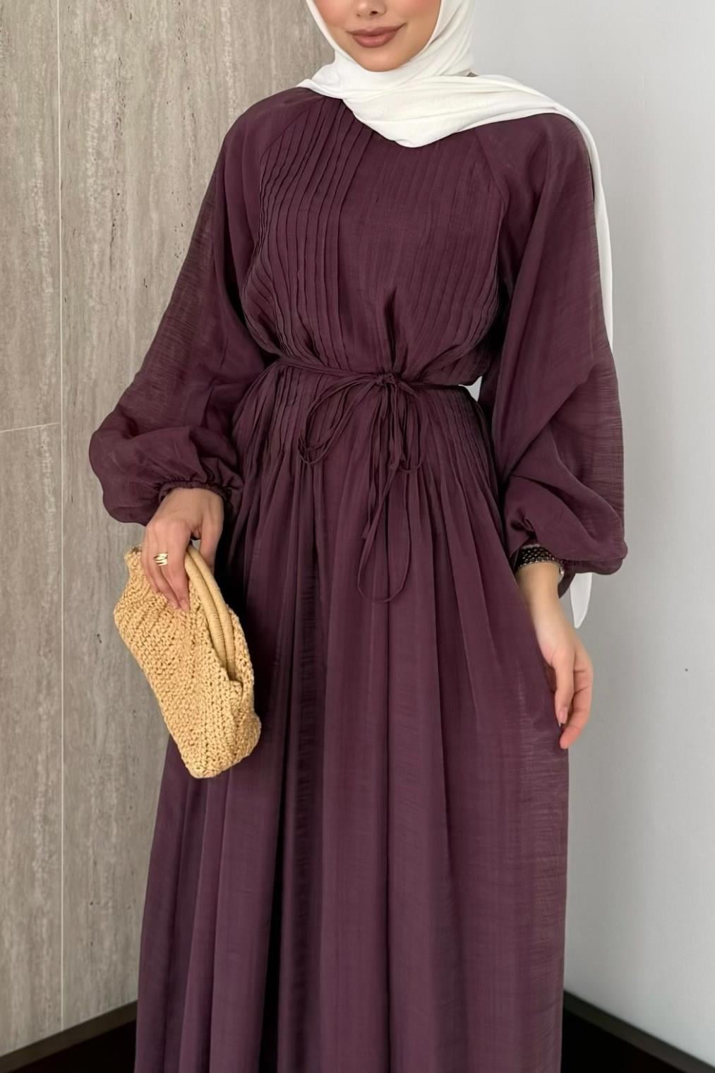 Nervürlü Vual Elbise - Mürdüm