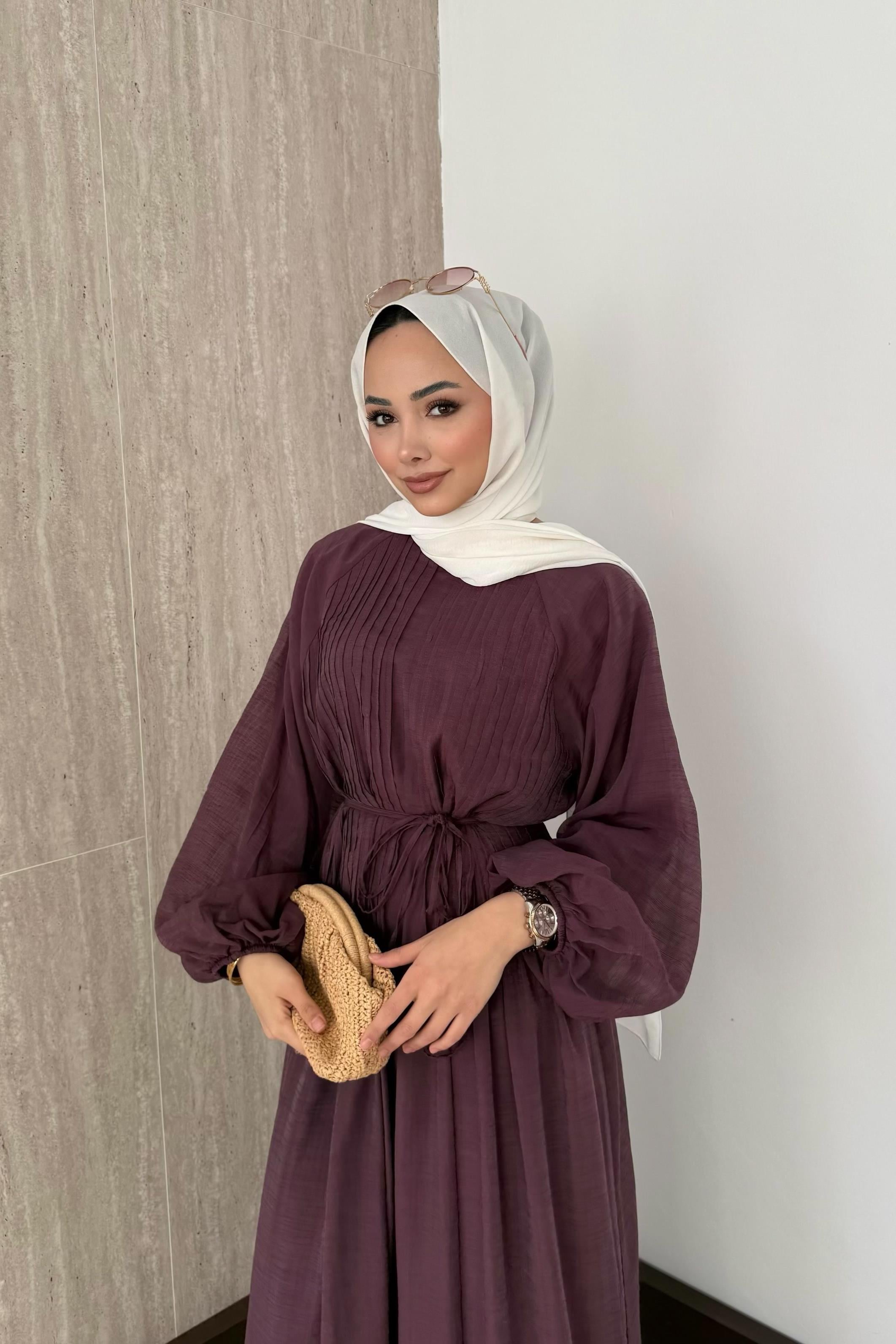 Nervürlü Vual Elbise - Mürdüm