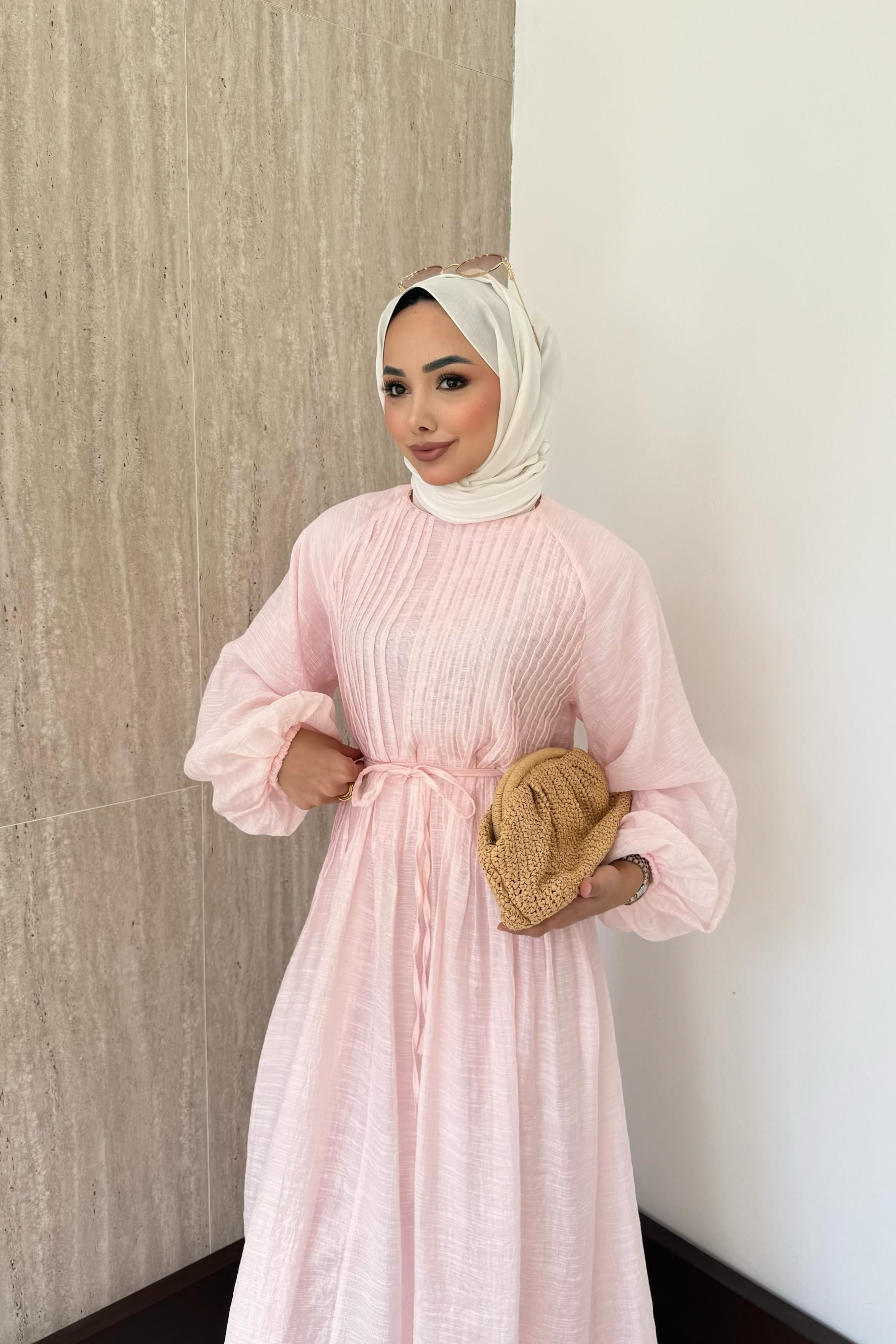 Nervürlü Vual Elbise - Pembe