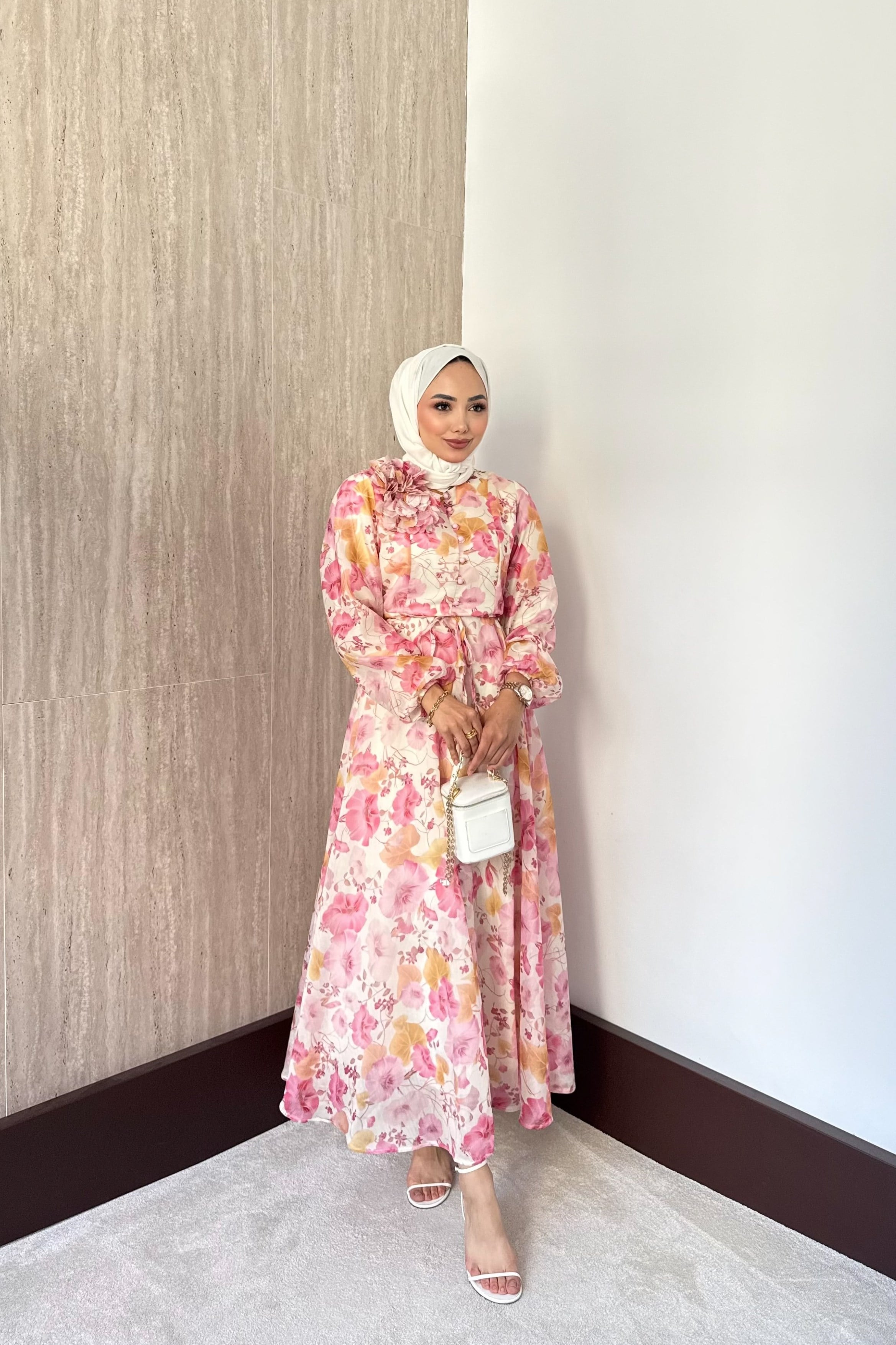 Omuz Çiçekli Desenli Elbise - Pembe