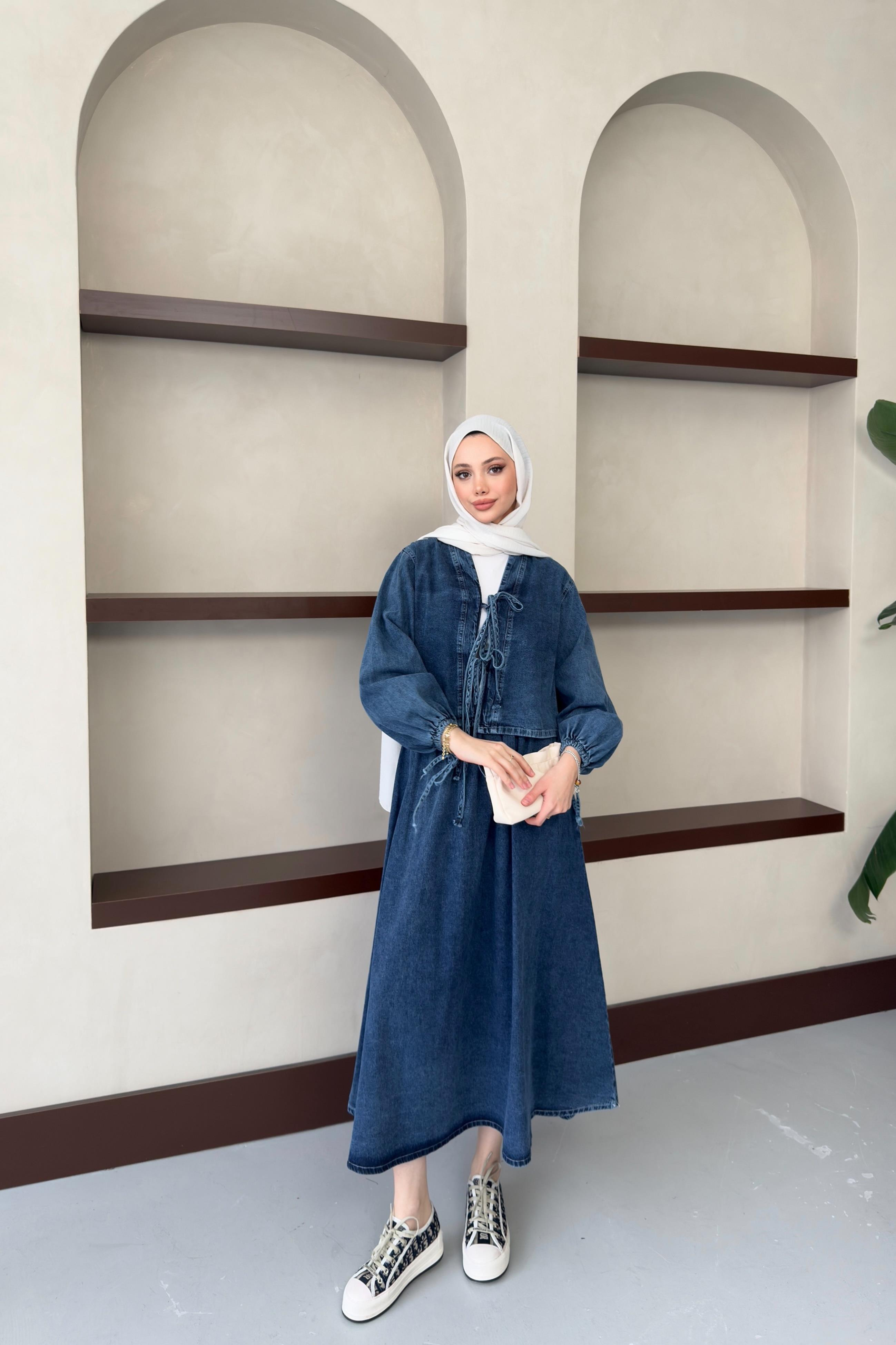 Önden Bağlamalı Kot Takım - Mavi