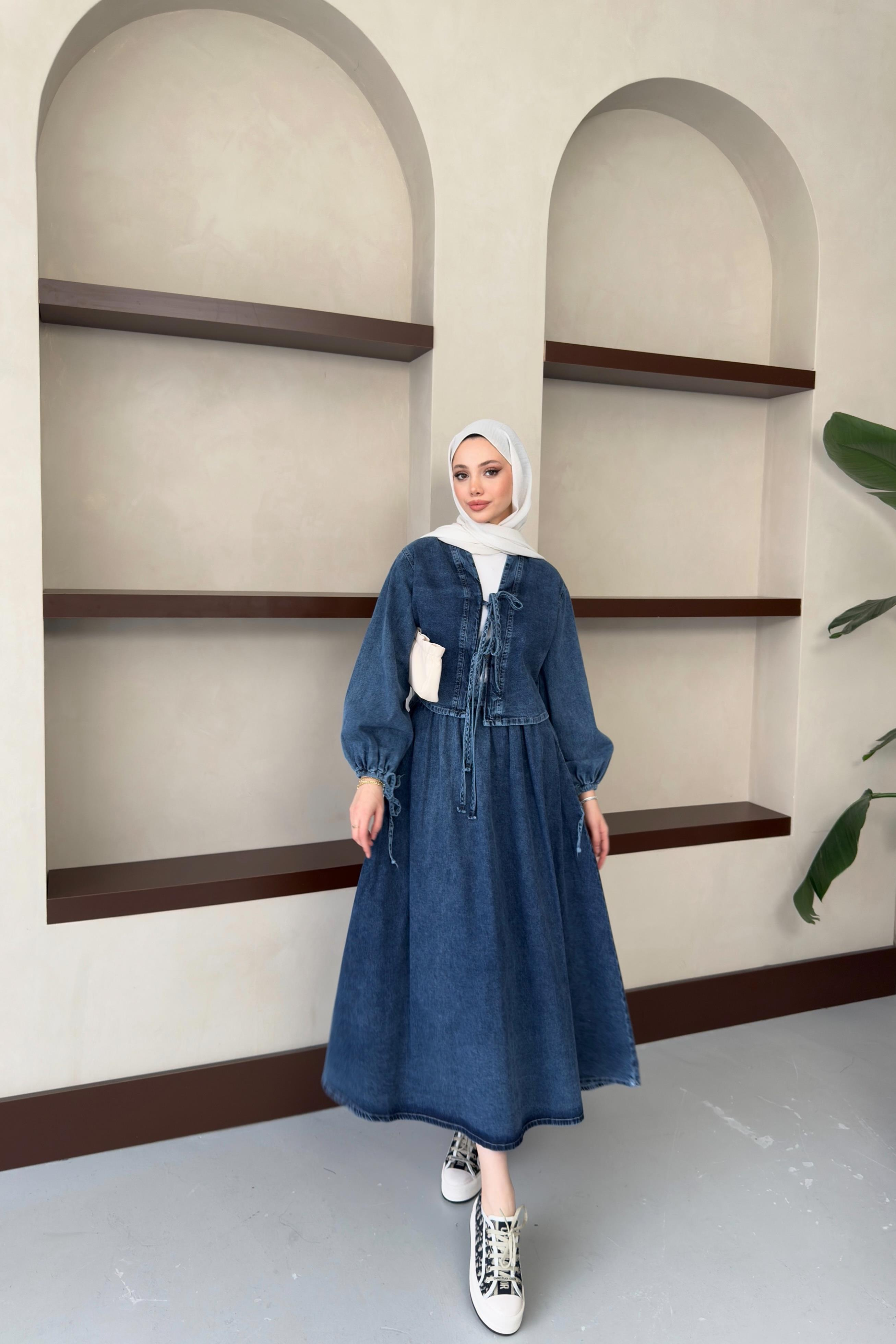 Önden Bağlamalı Kot Takım - Mavi