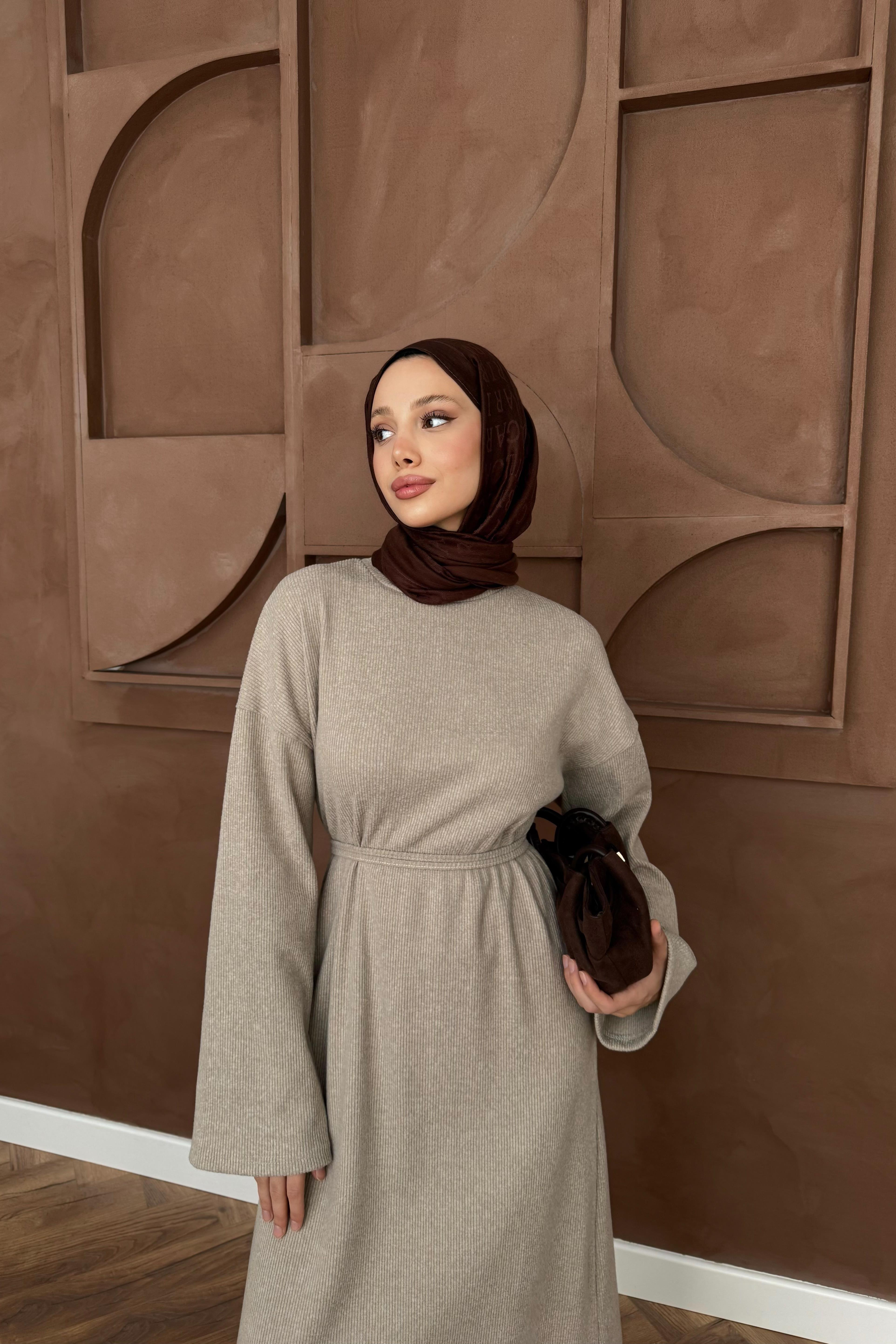 Örme Triko Elbise - Taş