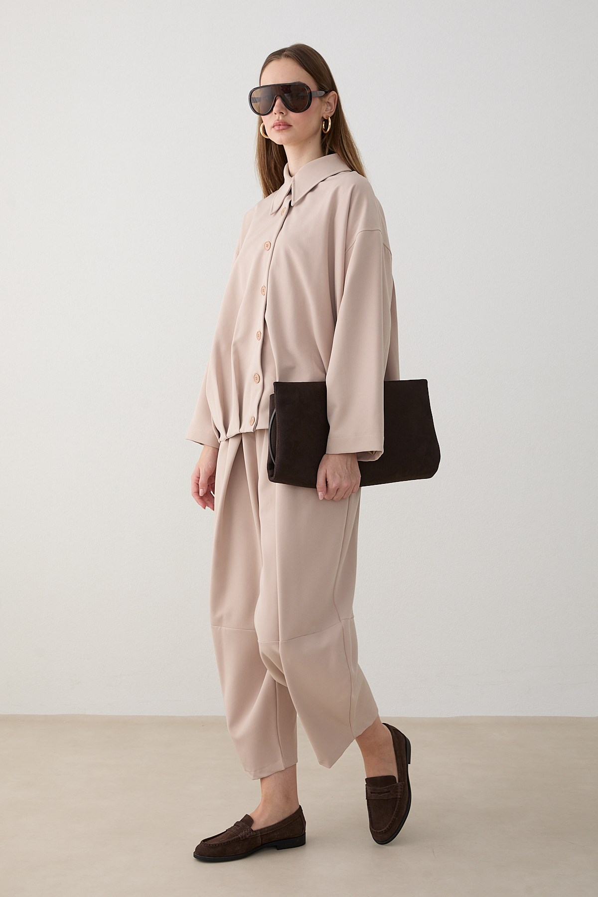 Oversize Ceketli Pantolonlu Takım - Bej