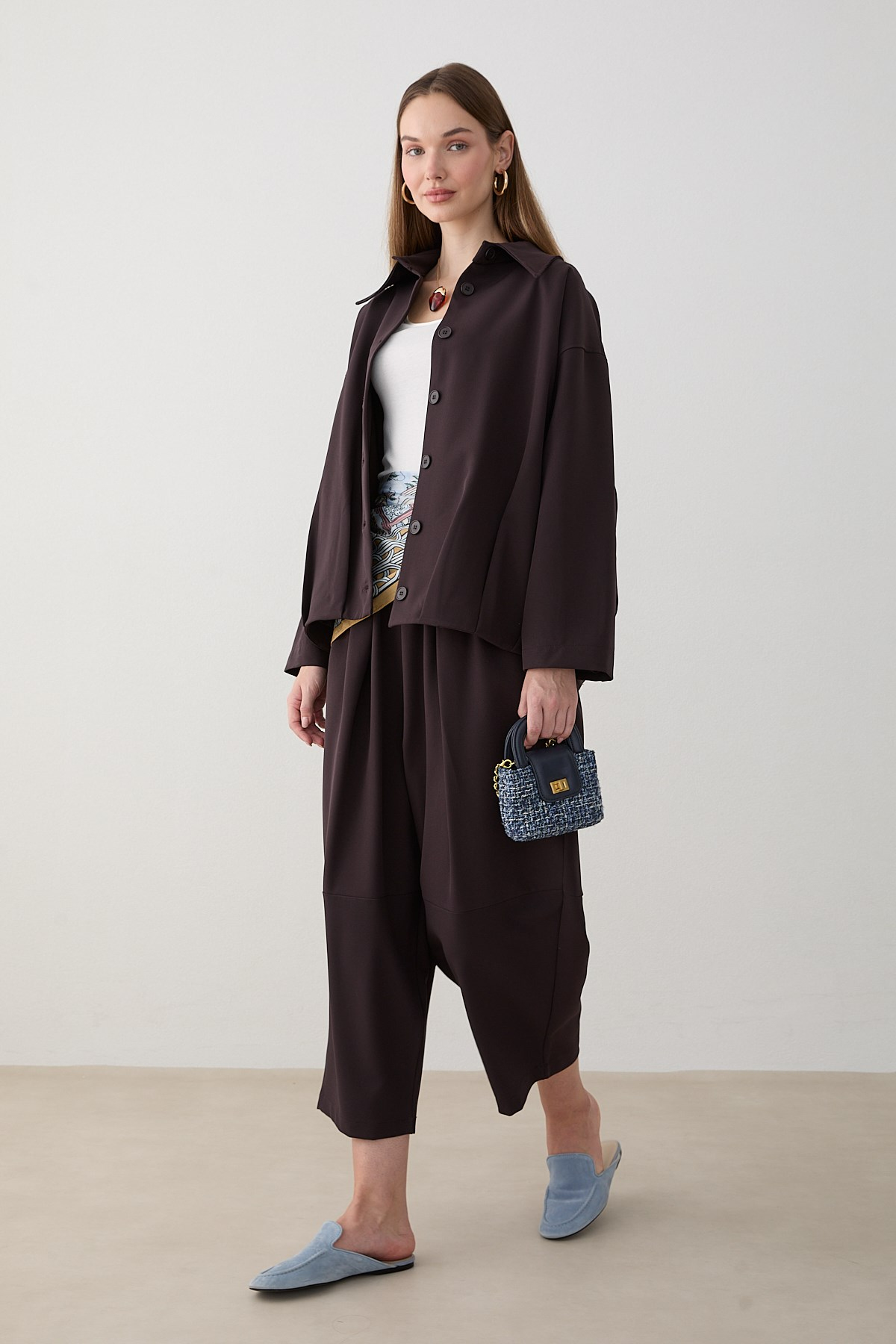 Oversize Ceketli Pantolonlu Takım - Kahve