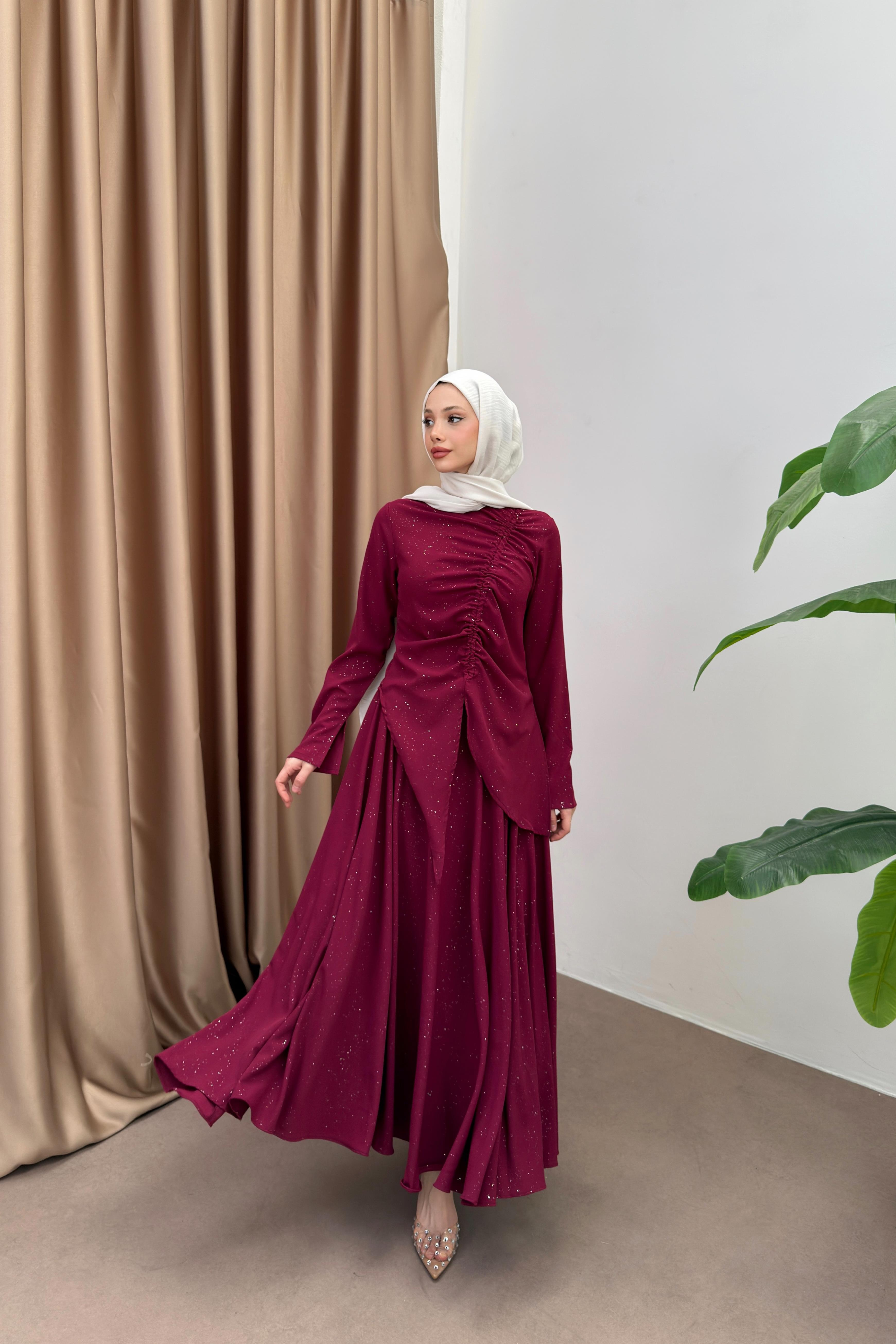 Parıltılı Büzgülü Takım - Bordo