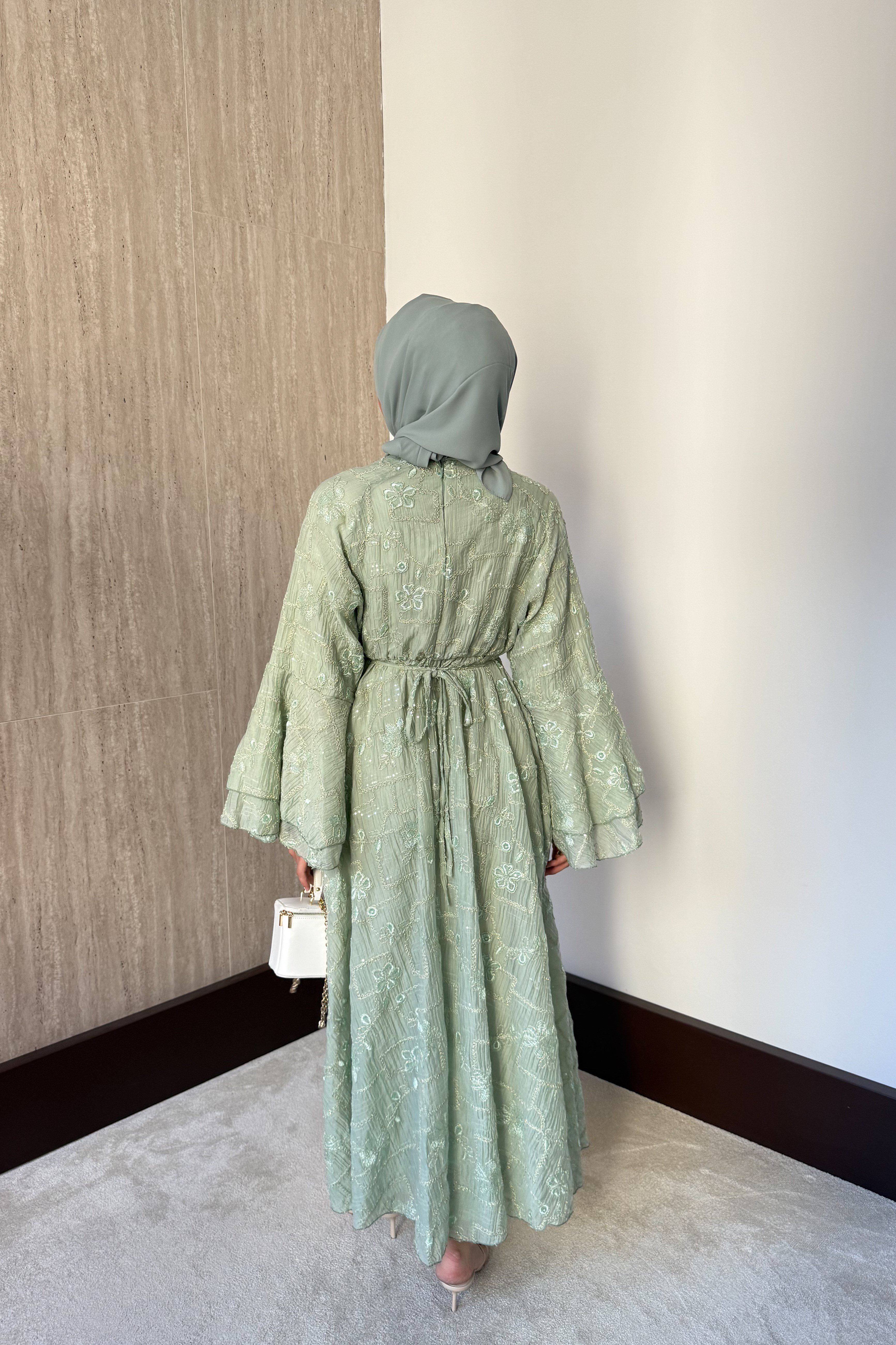 Payet İşlemeli Dantel Elbise - Mint