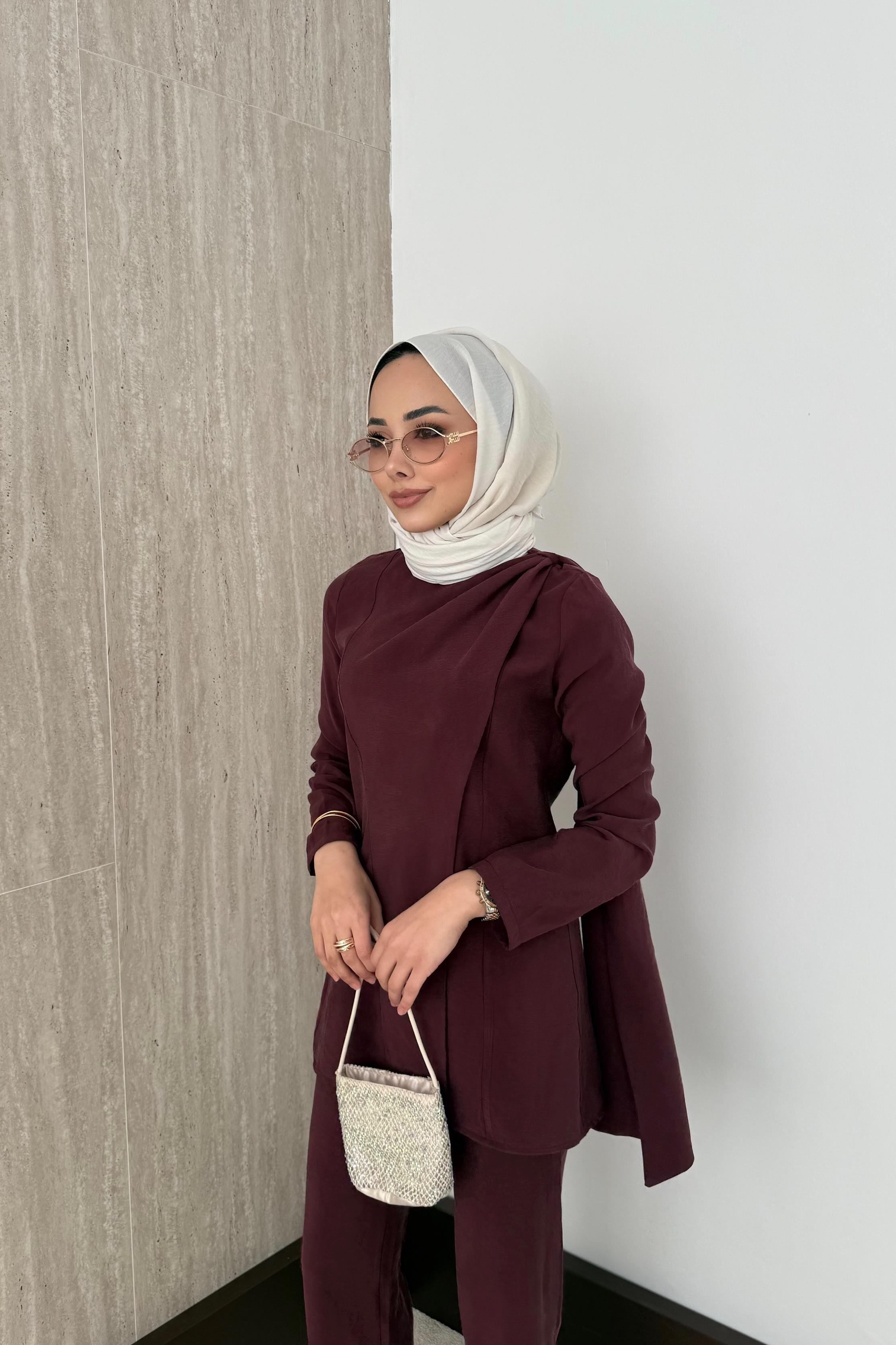Pelerinli Modal Pantolonlu Takım - Bordo