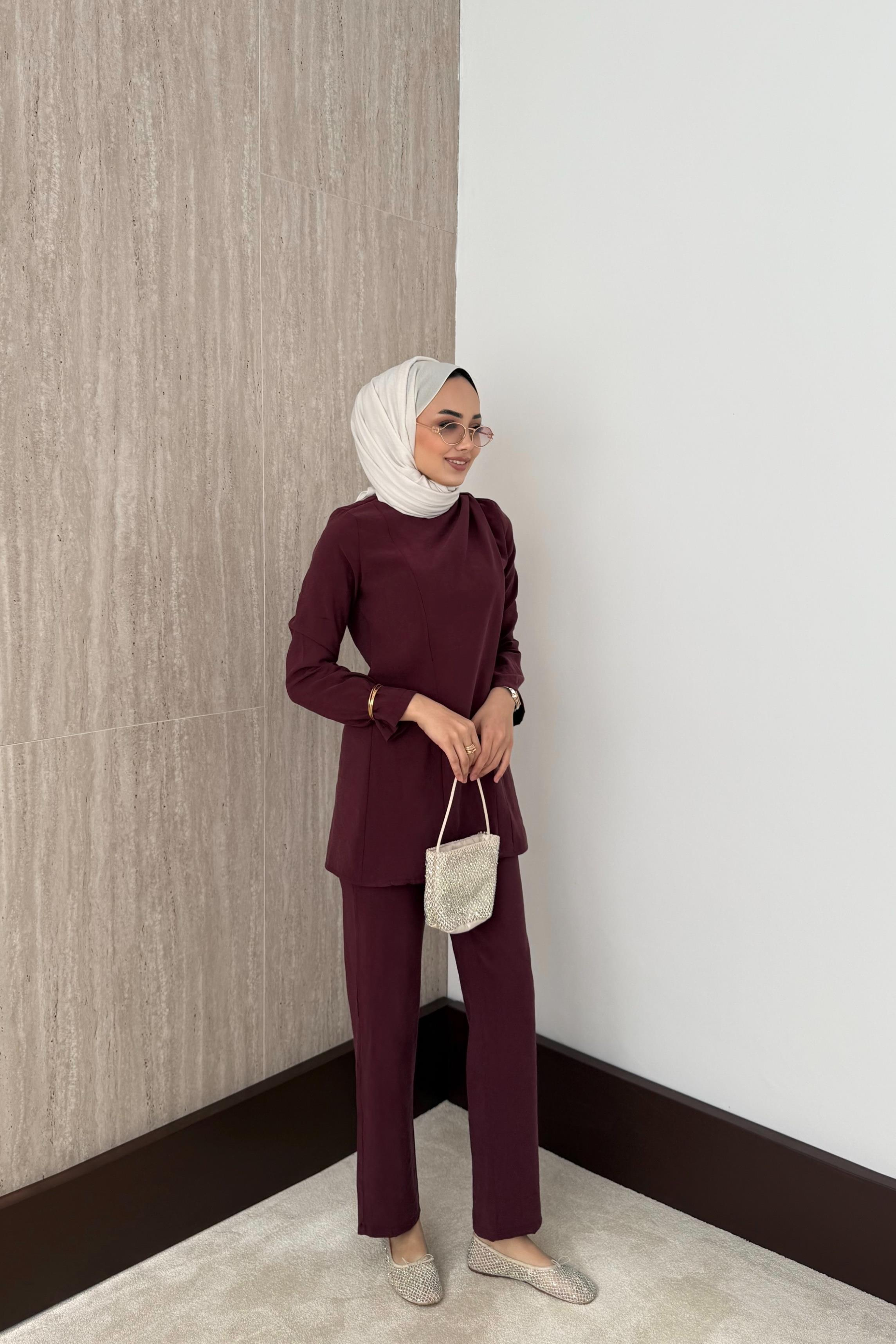 Pelerinli Modal Pantolonlu Takım - Bordo