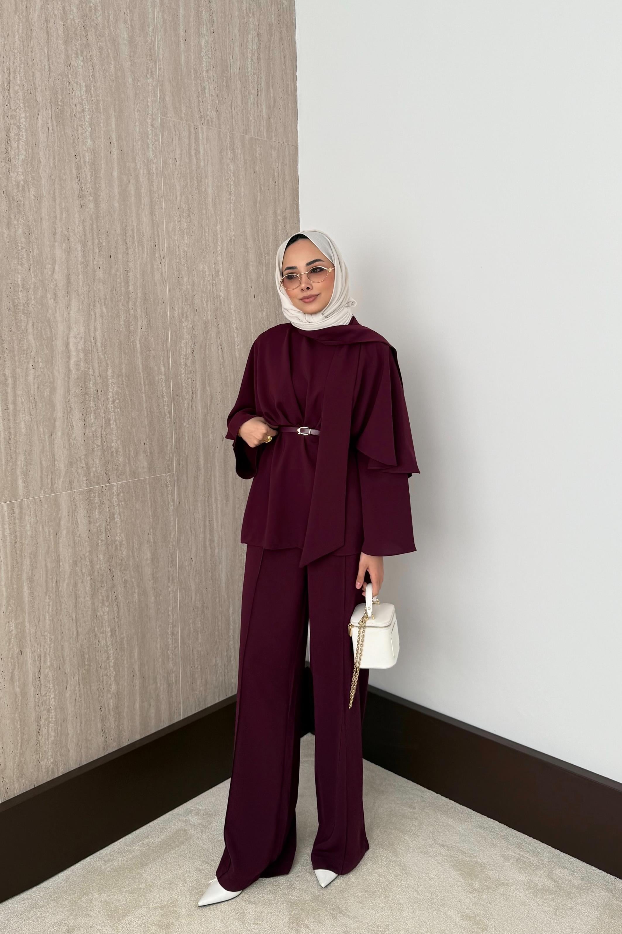 Pelerinli Pantolonlu Takım - Mürdüm