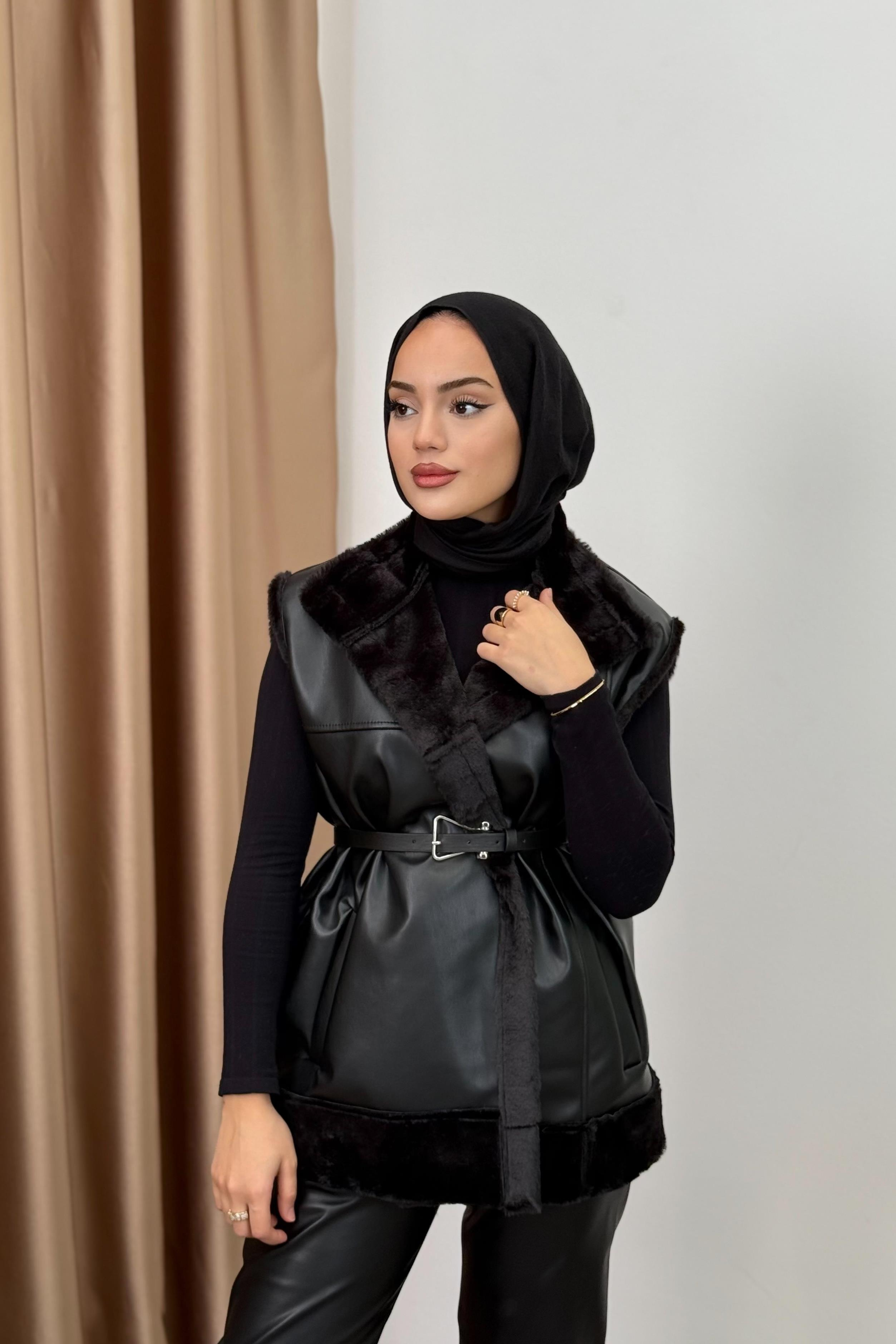 Peluş Detaylı Deri Yelek - SİYAH