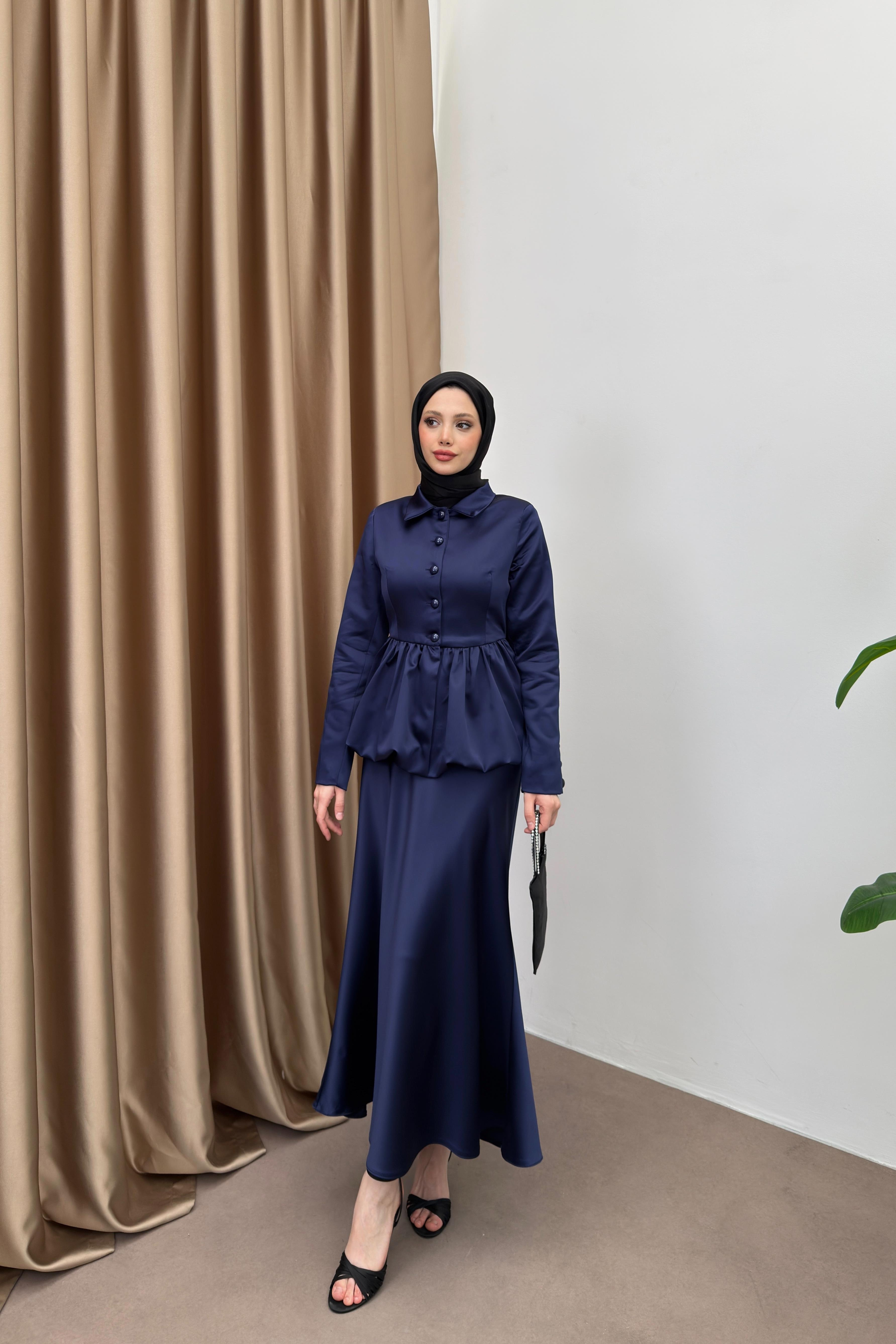 Peplum Balon Saten Etekli Takım - Lacivert