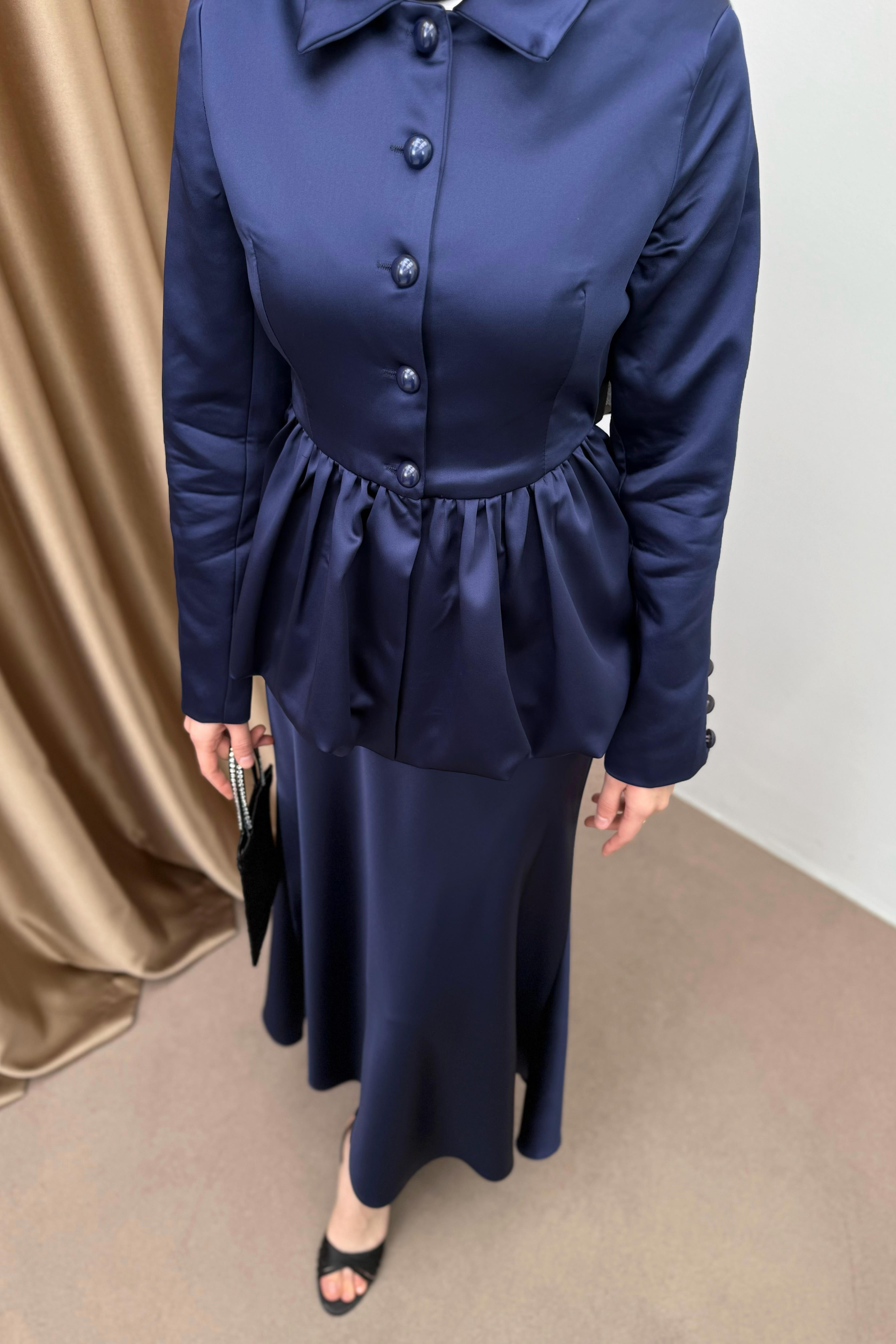 Peplum Balon Saten Etekli Takım - Lacivert