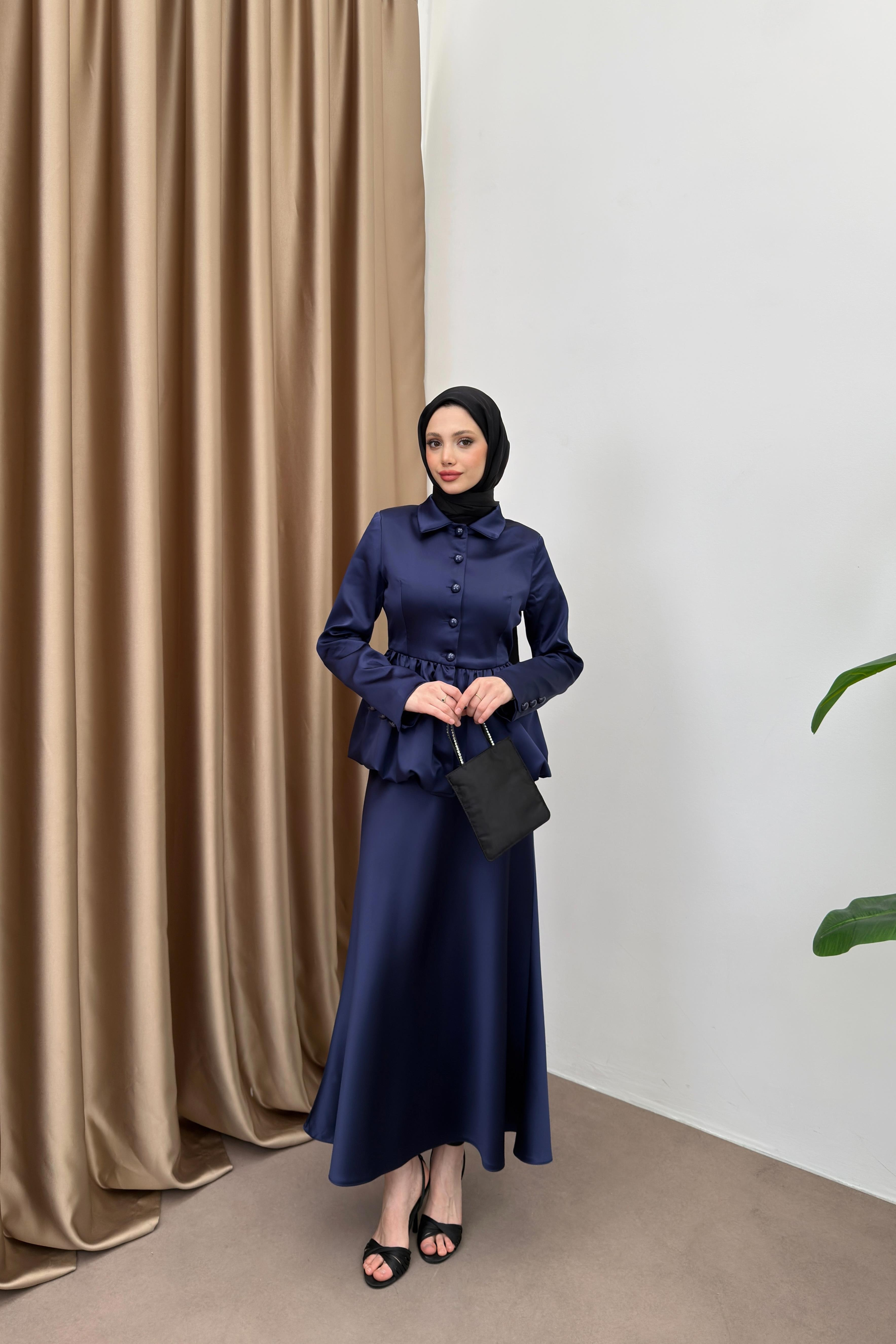 Peplum Balon Saten Etekli Takım - Lacivert