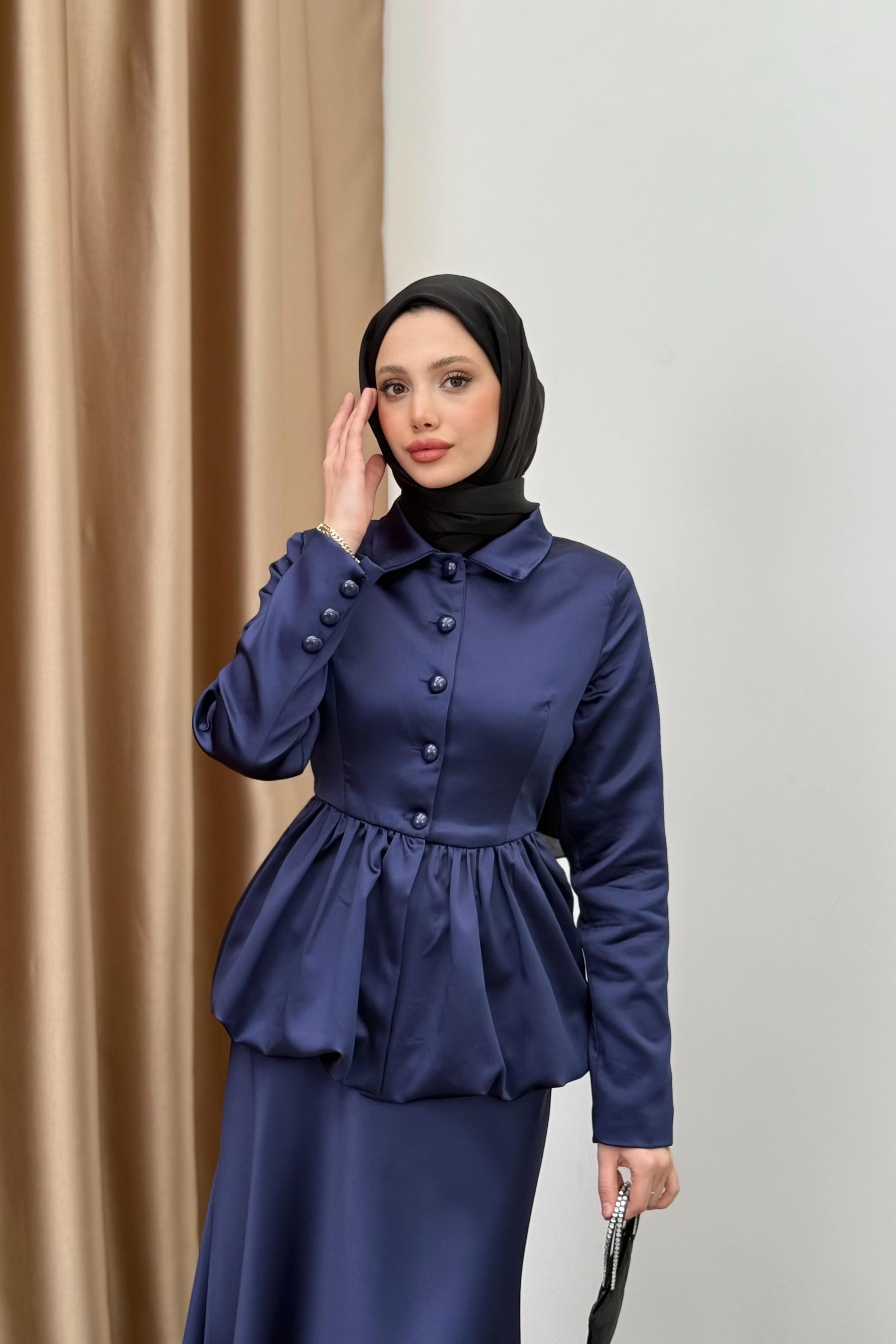 Peplum Balon Saten Etekli Takım - Lacivert