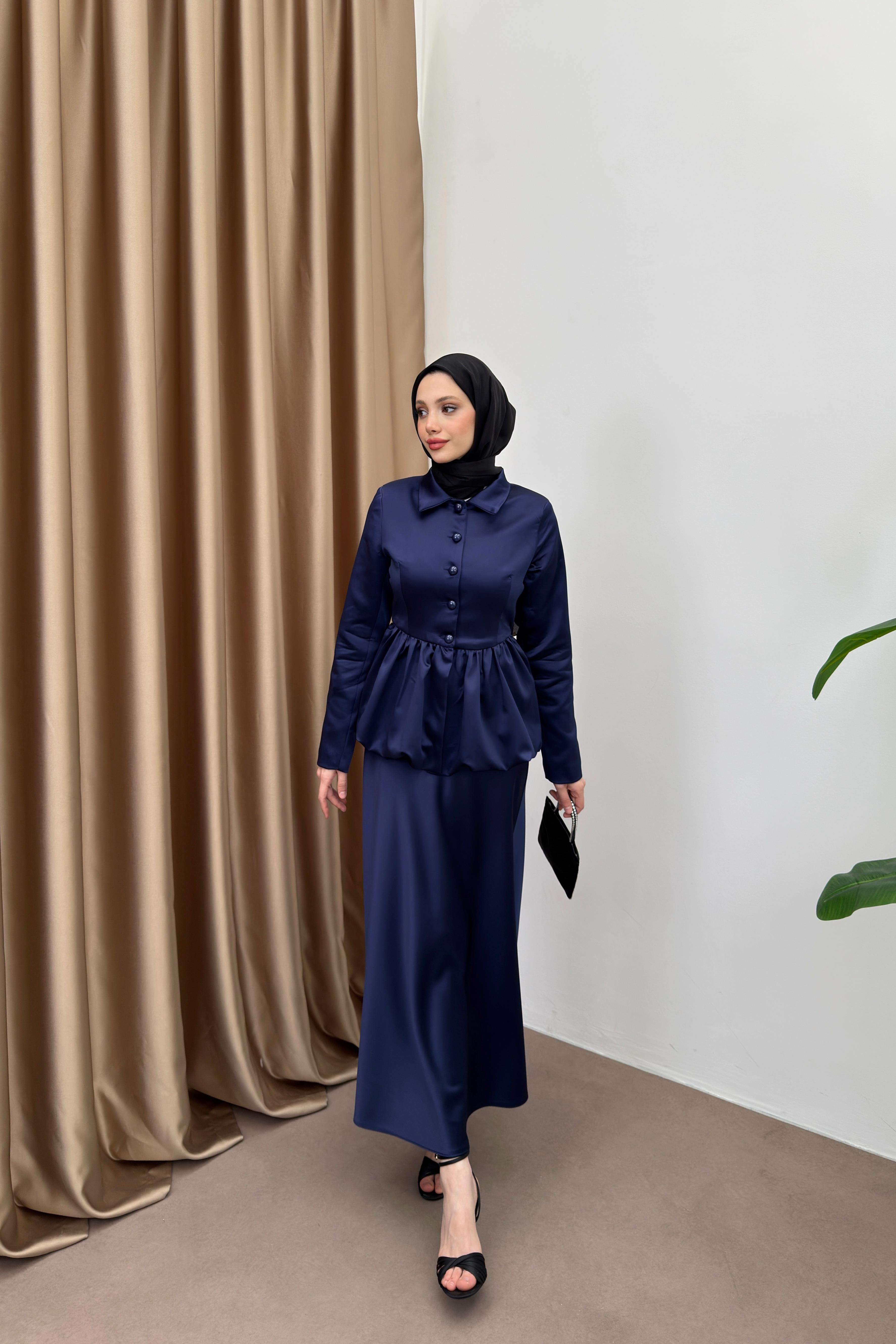 Peplum Balon Saten Etekli Takım - Lacivert