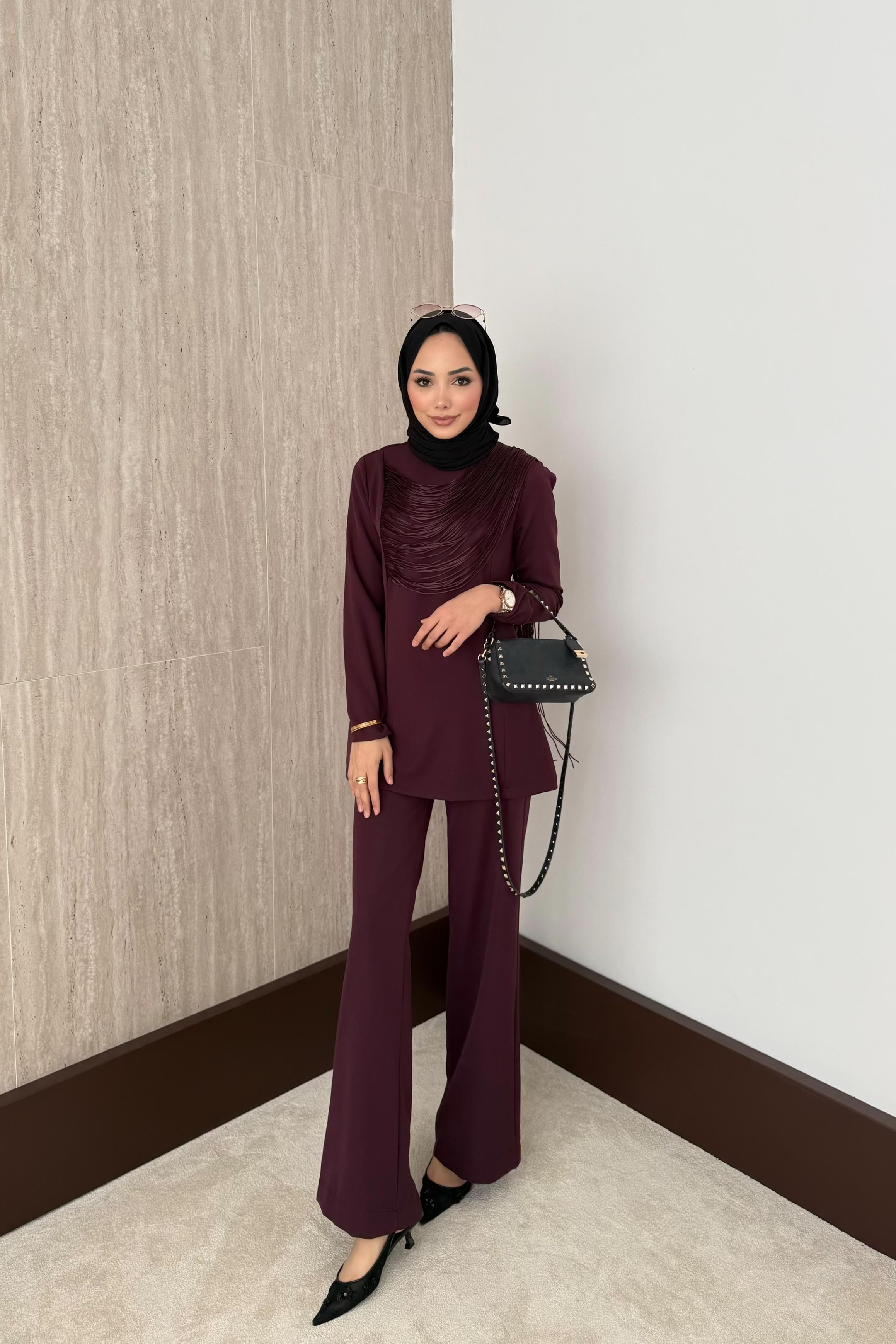 Püsküllü Pantolonlu Takım - Bordo