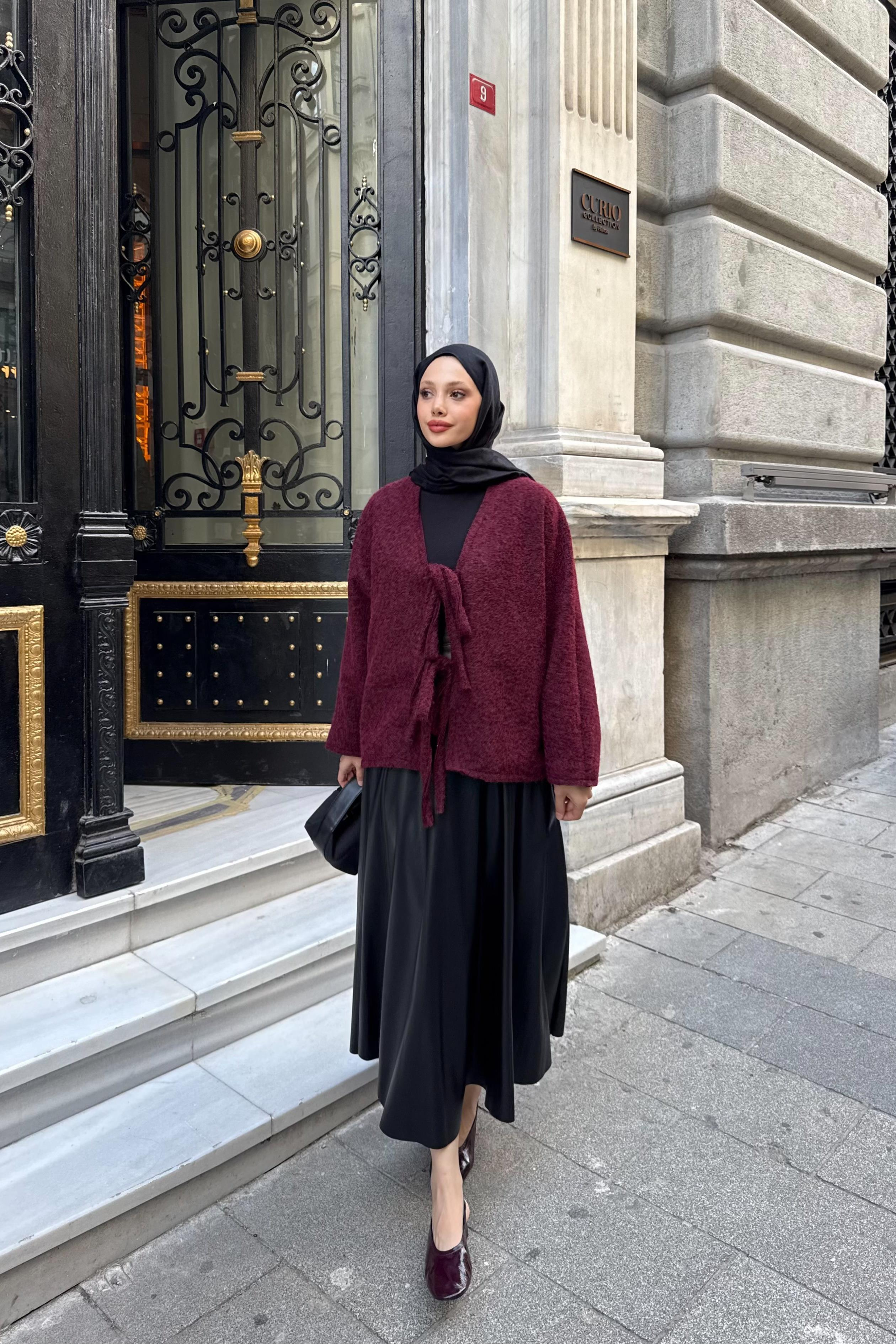 Ribana Bağlamalı Kısa Ceket - Bordo