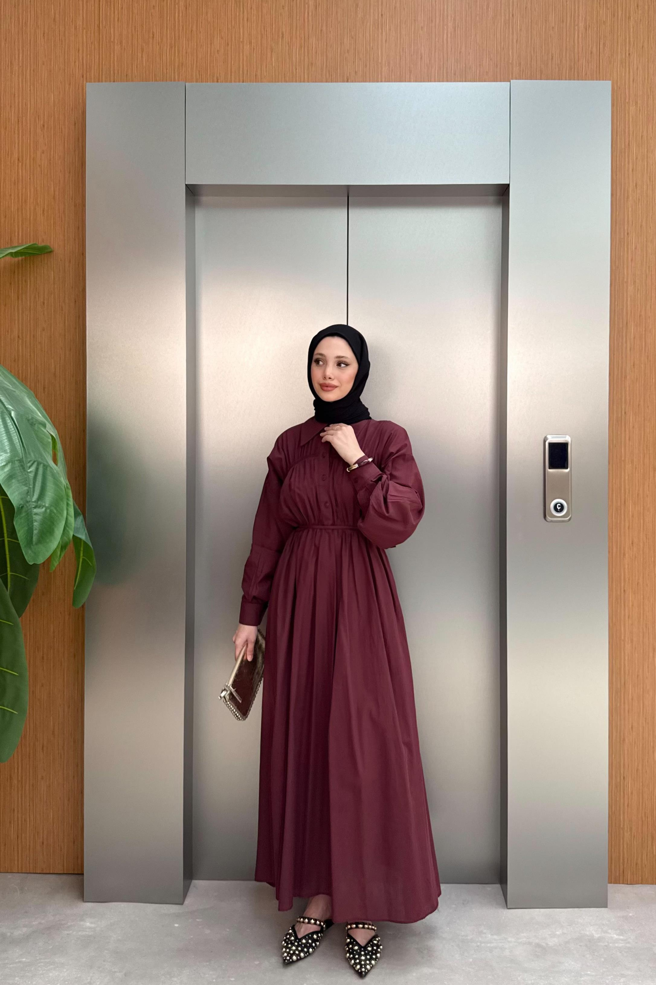 Roba Büzgülü Vual Elbise - Bordo