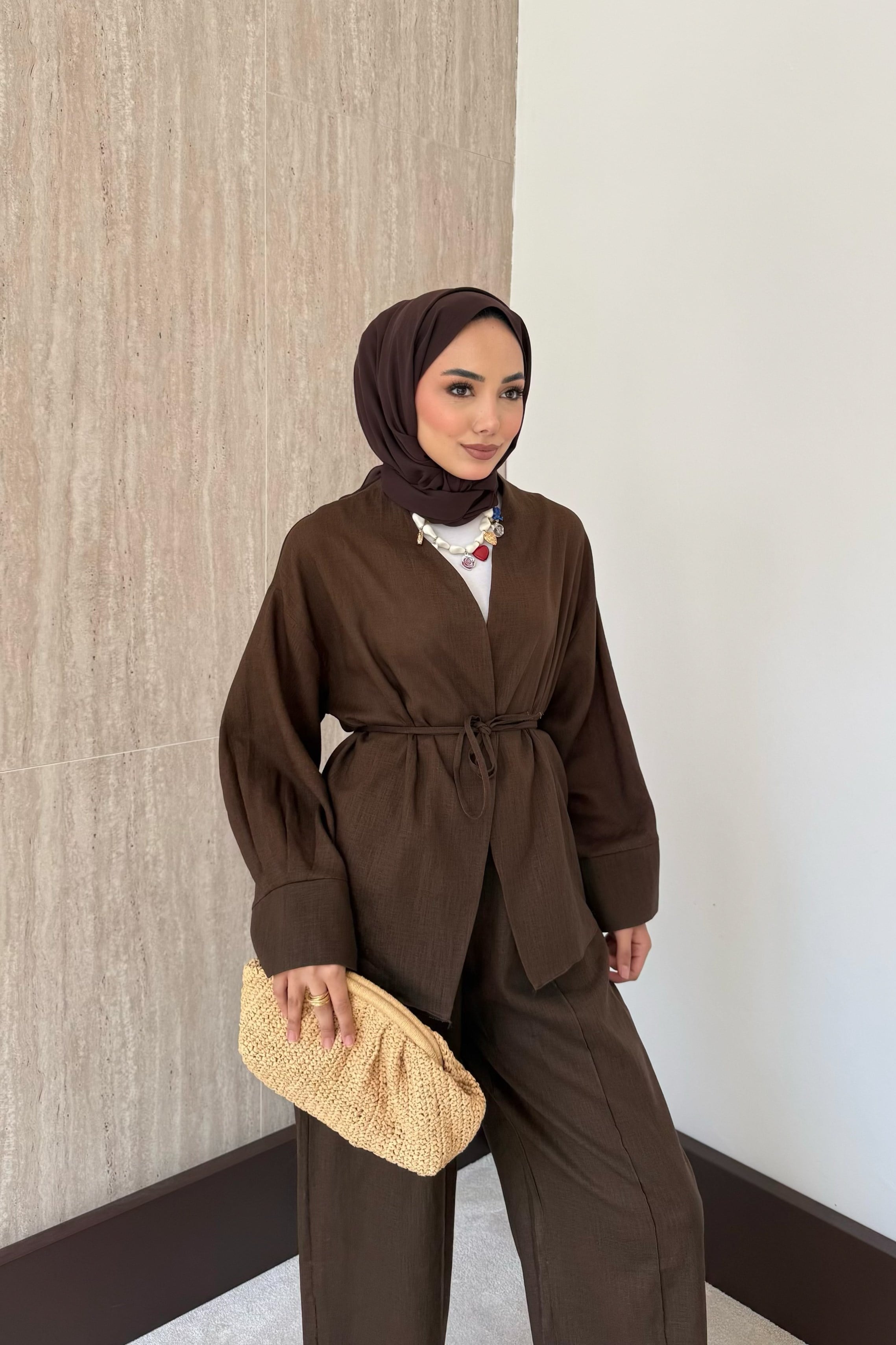 Sahra Kimonolu Pantolonlu Takım - Kahve
