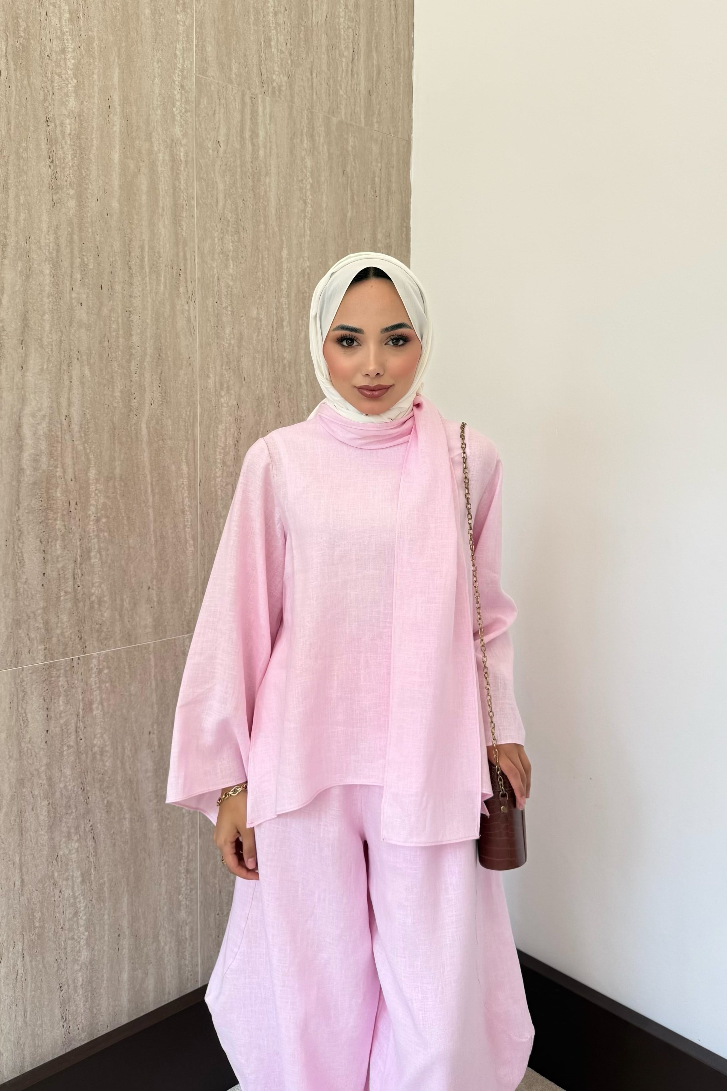Şal Yaka Keten Takım - Pembe