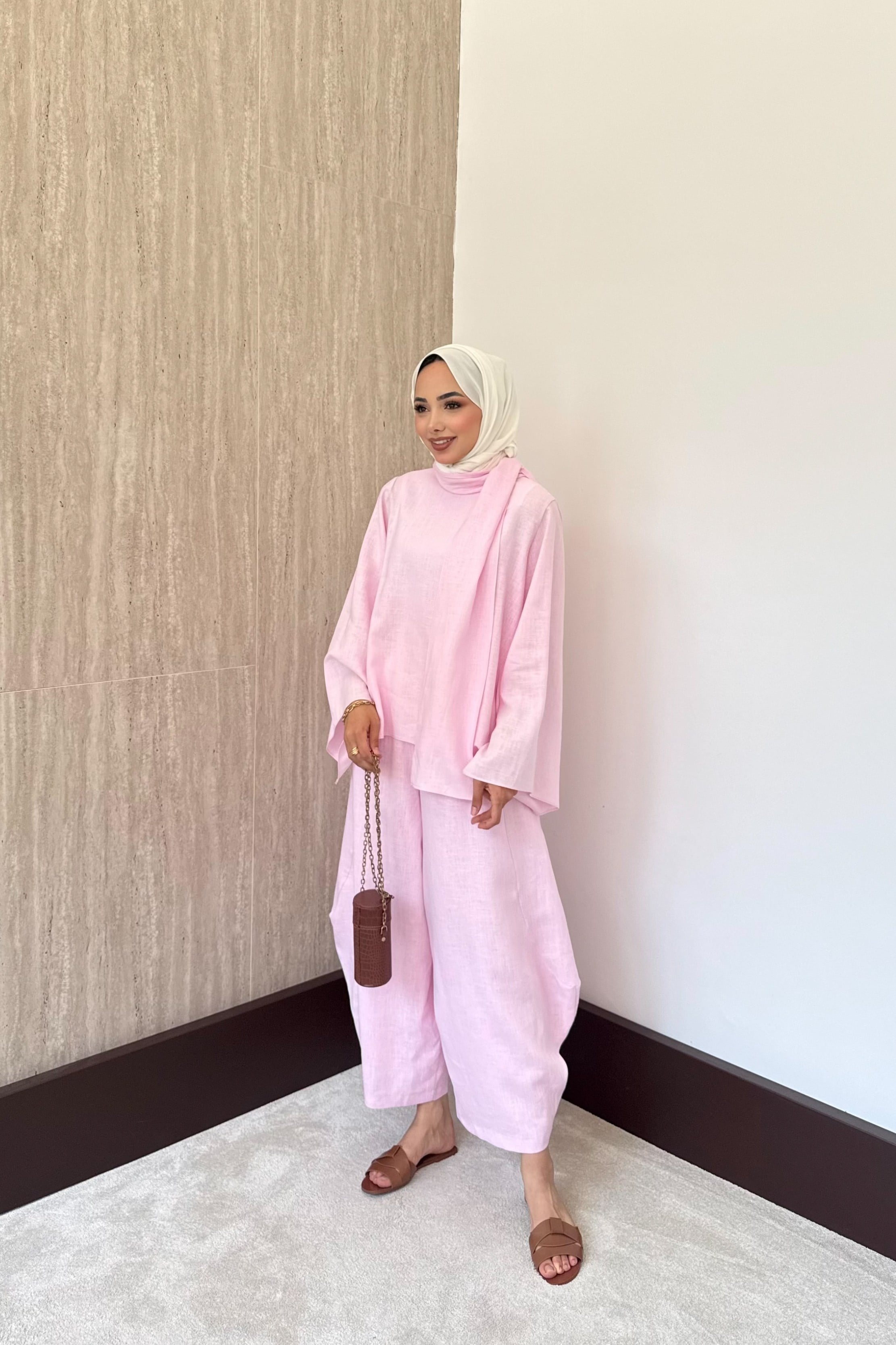 Şal Yaka Keten Takım - Pembe