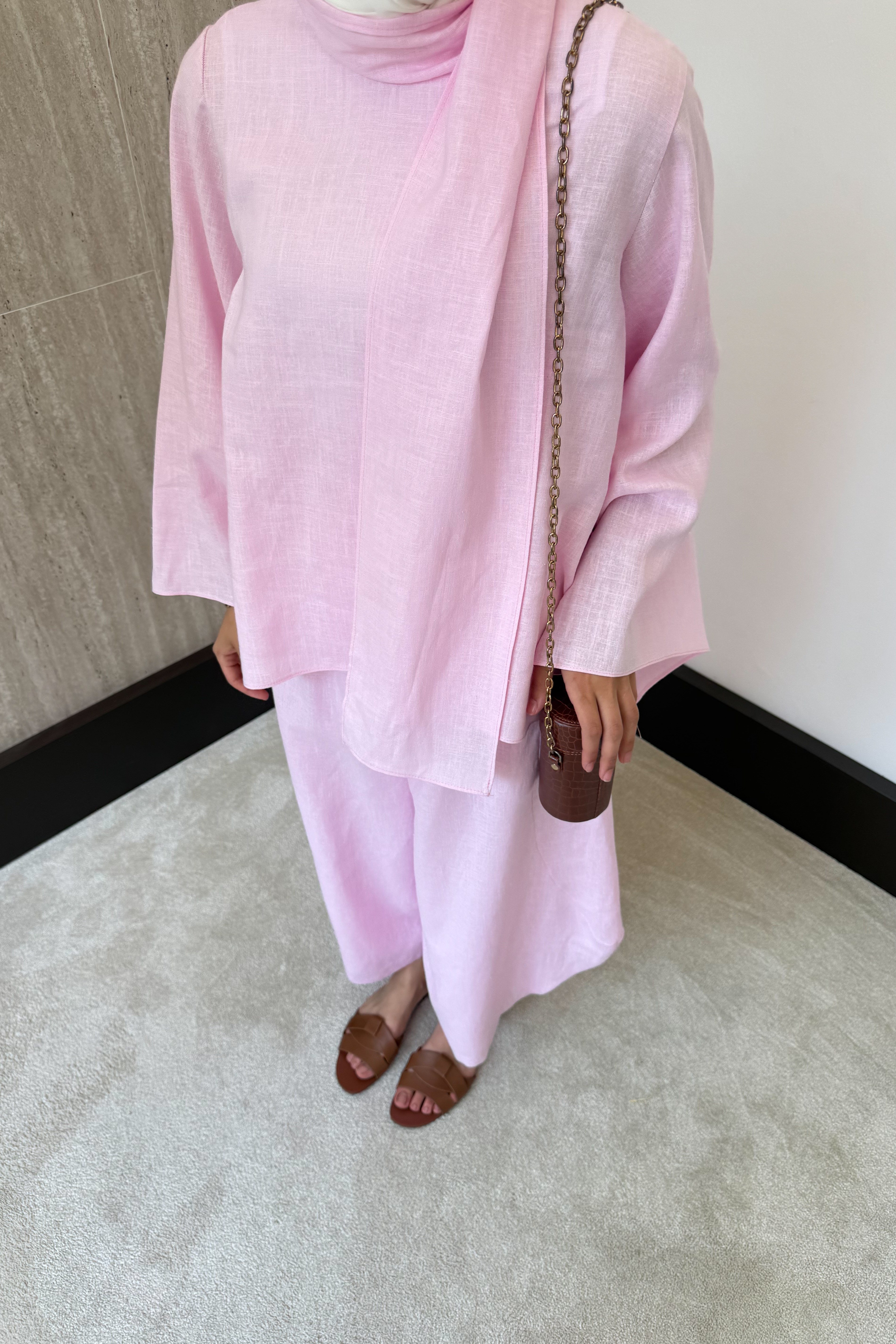 Şal Yaka Keten Takım - Pembe