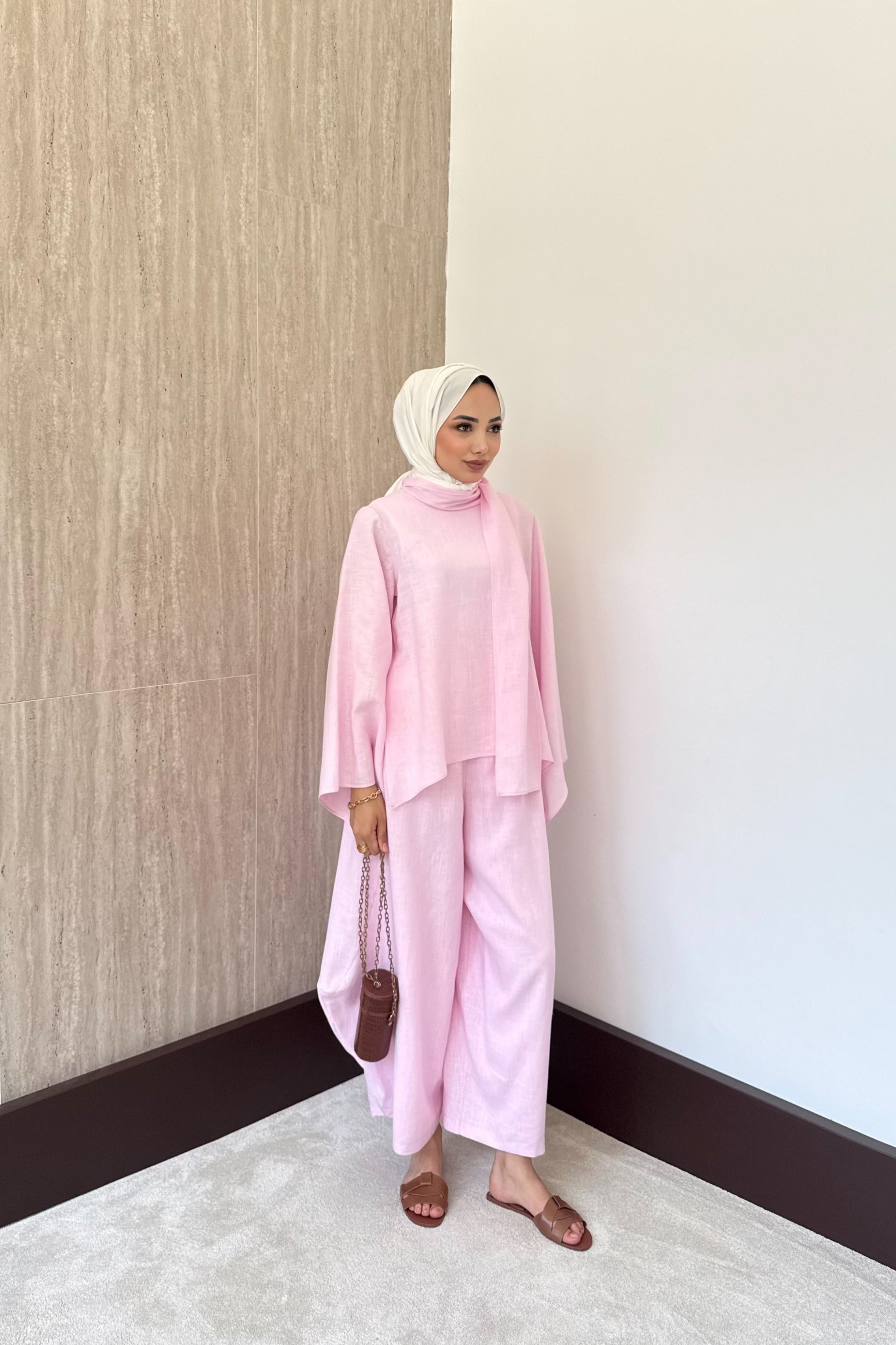 Şal Yaka Keten Takım - Pembe
