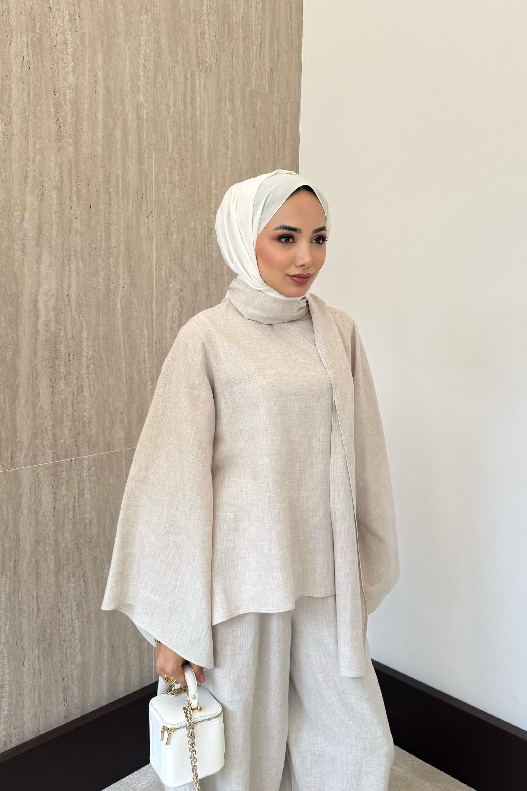 Şal Yaka Keten Takım - Vizon