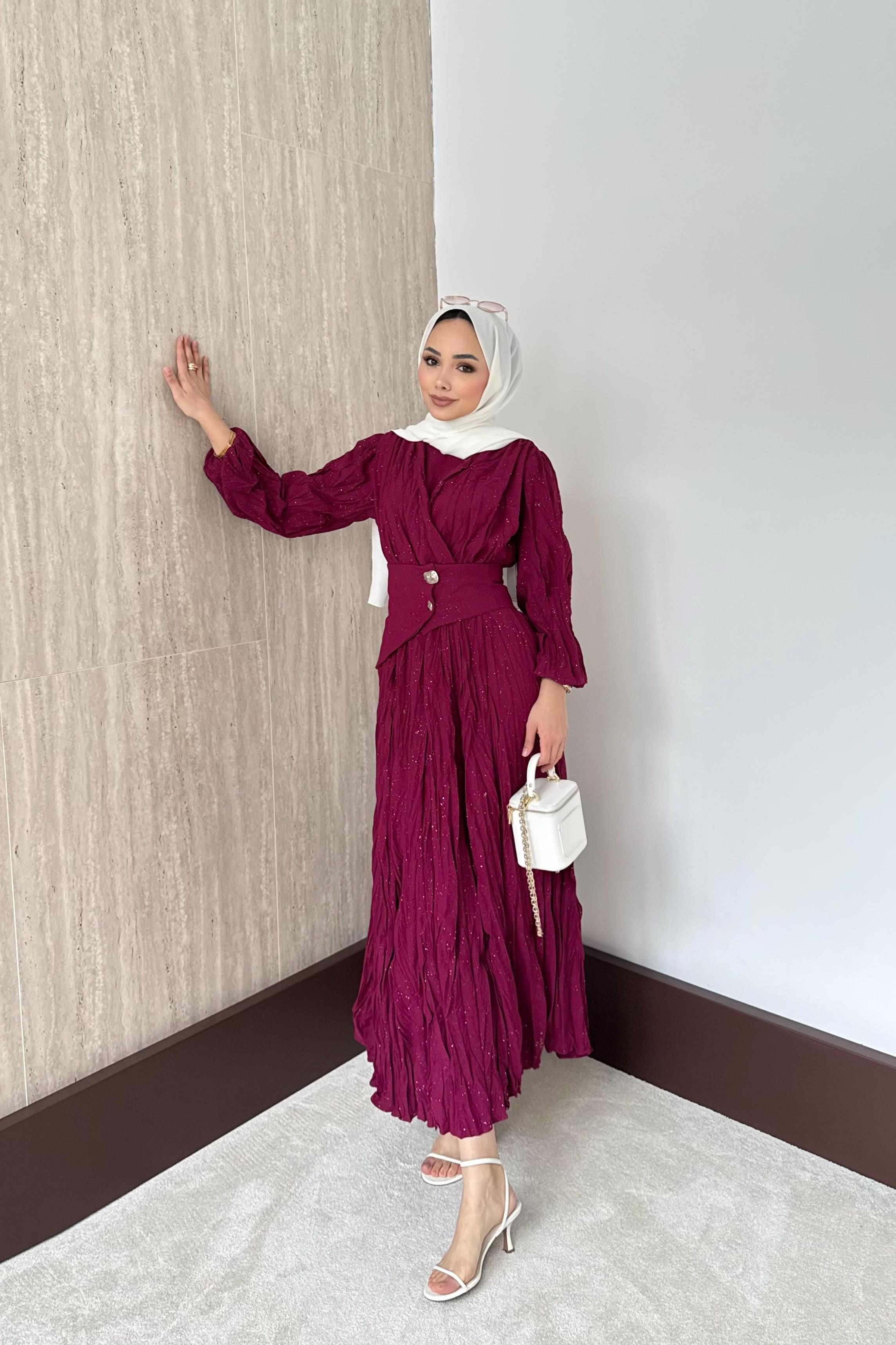 Simli Kraşlı Elbise - Bordo