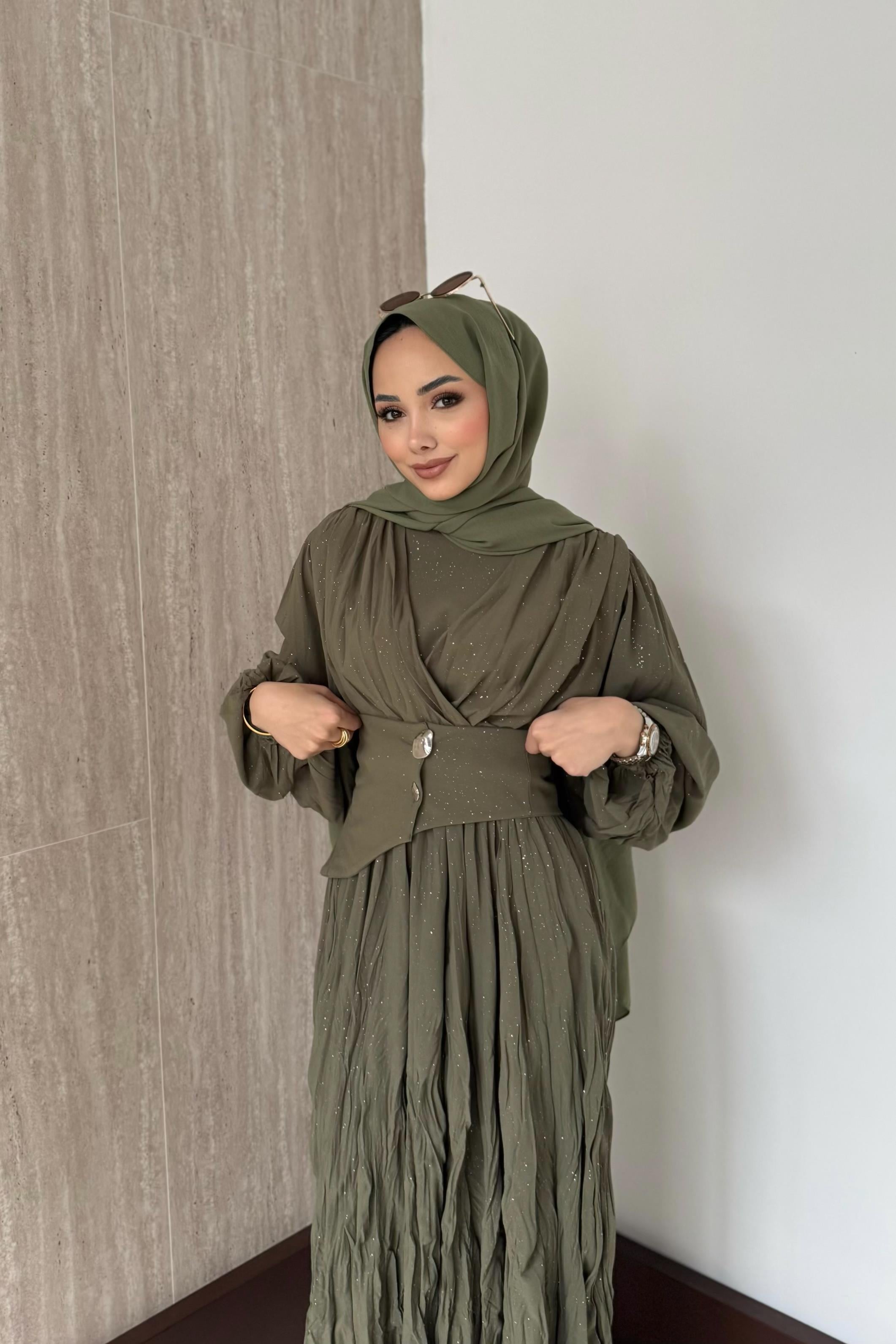 Simli Kraşlı Elbise - Haki