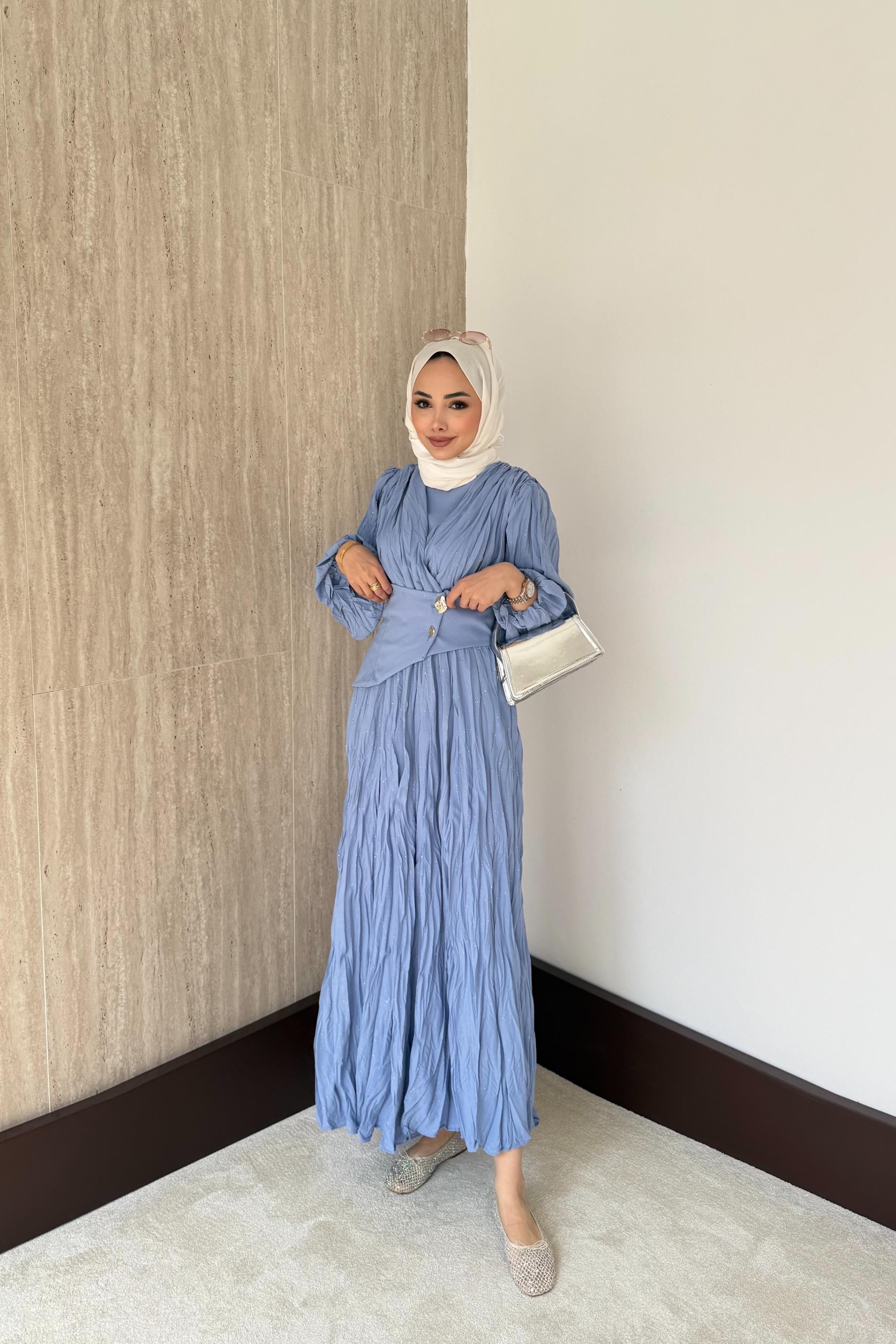 Simli Kraşlı Elbise - Mavi