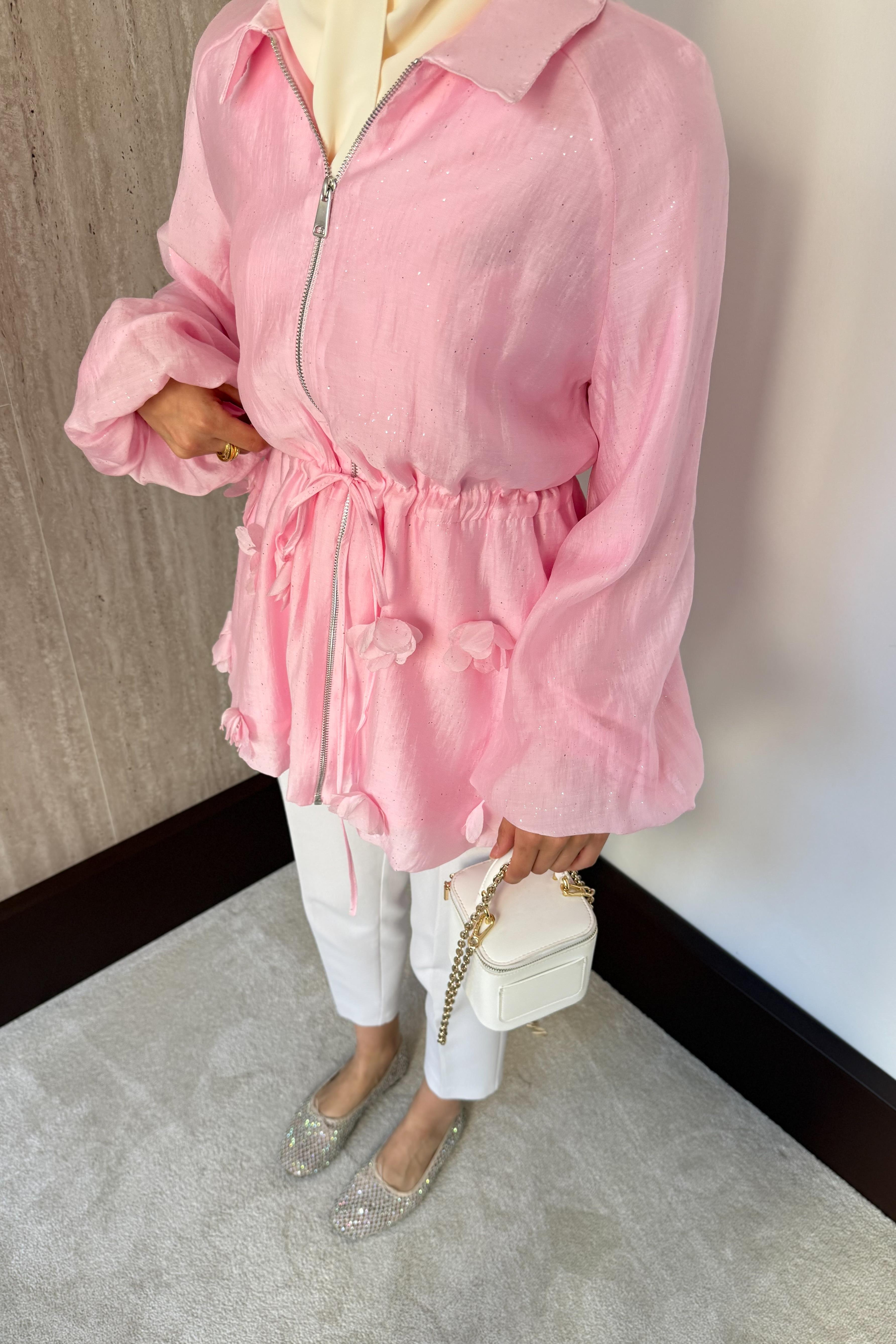 Simli Vual Ceket - Pembe