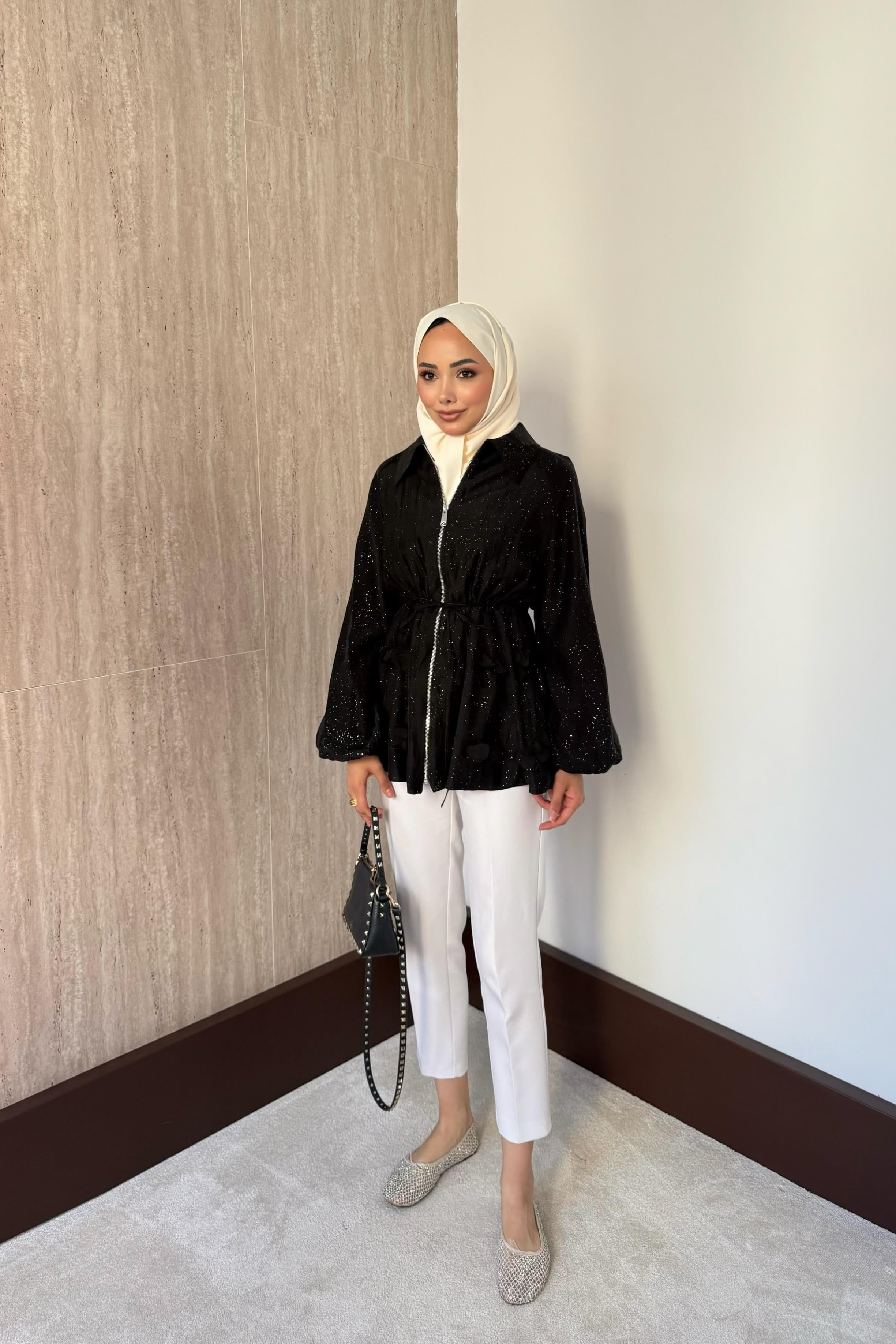 Simli Vual Ceket - Siyah