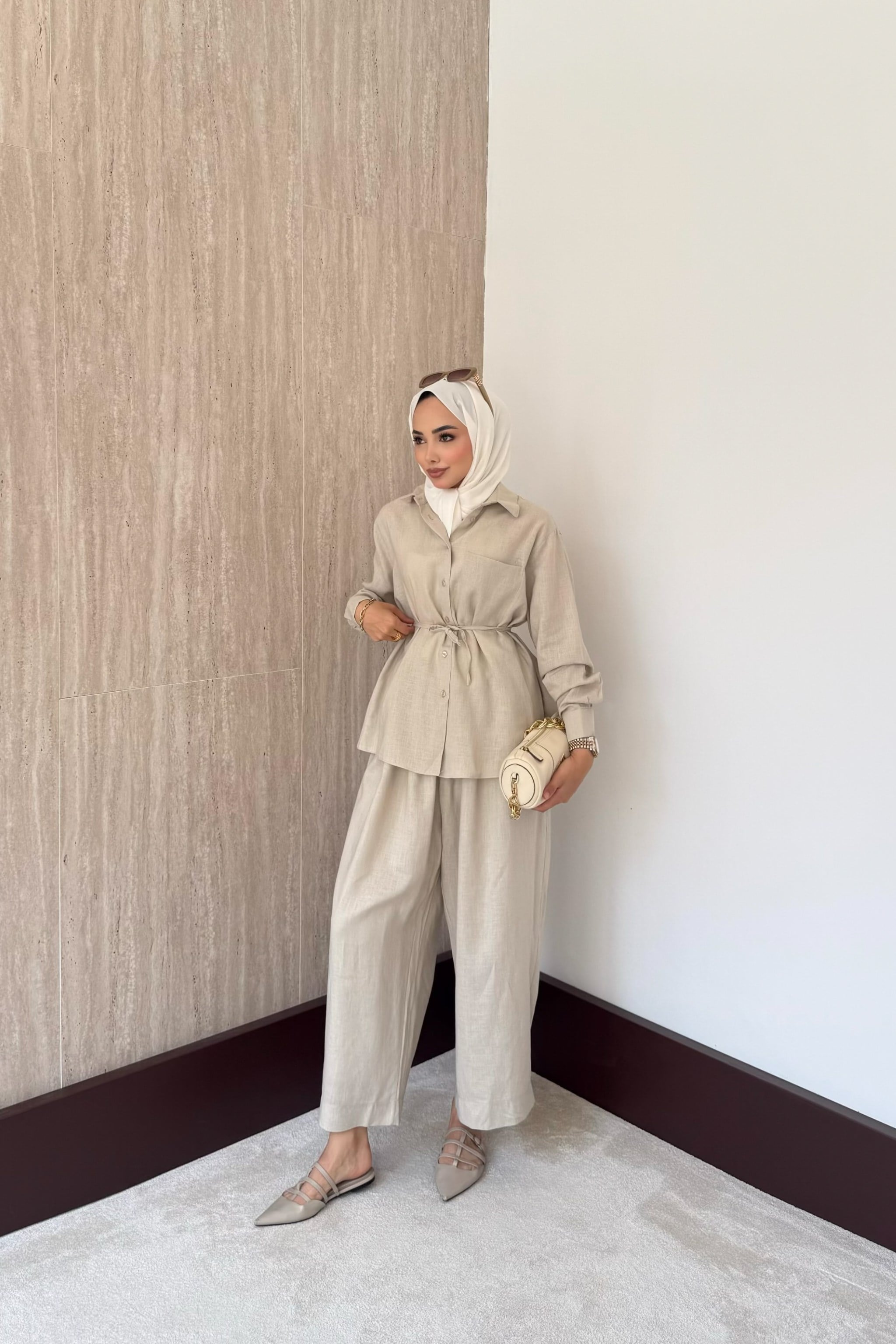 Sophia Keten Pantolonlu Takım - Bej