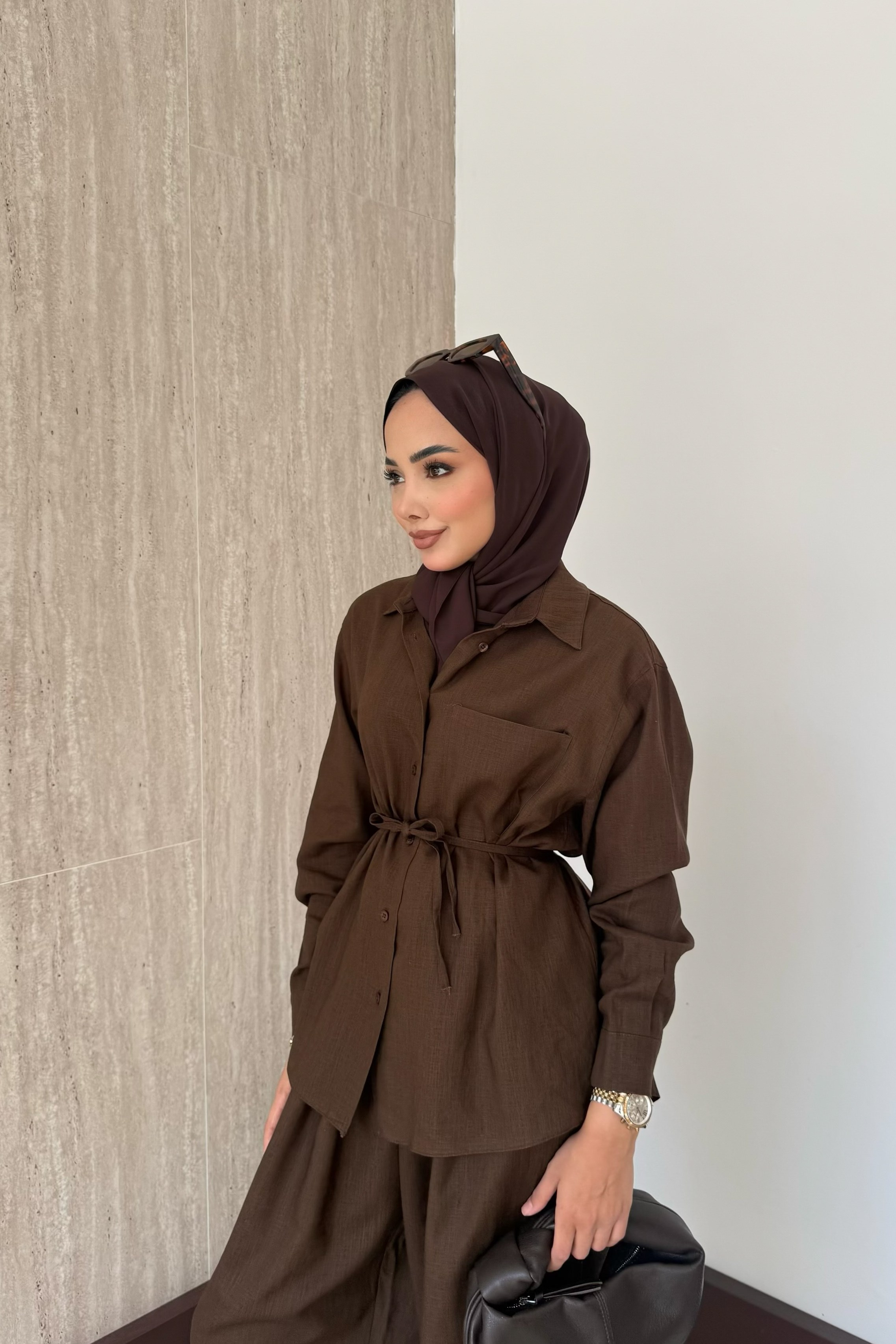 Sophia Keten Pantolonlu Takım - Kahve