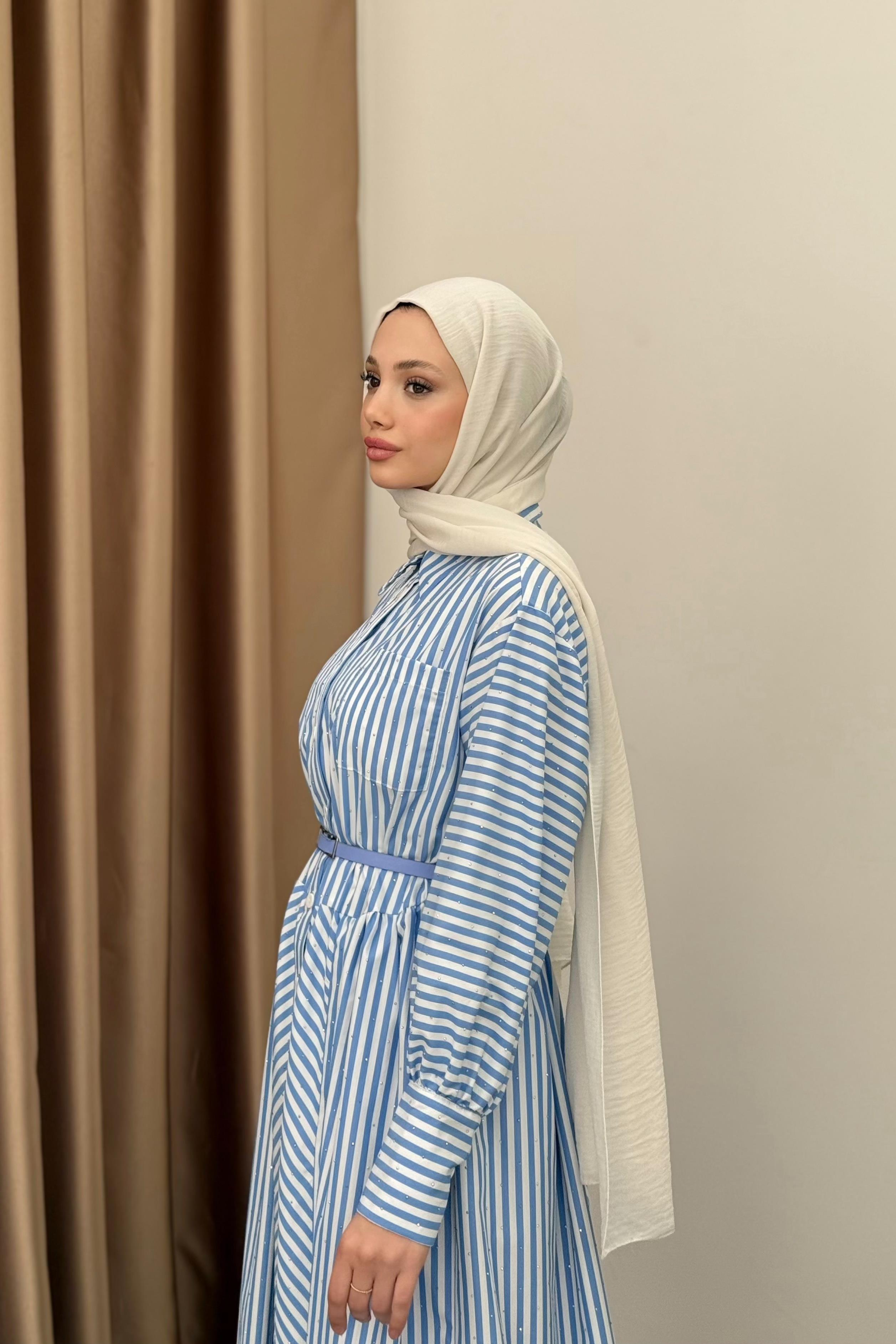 Taşlı Çizgili Poplin Elbise - Mavi