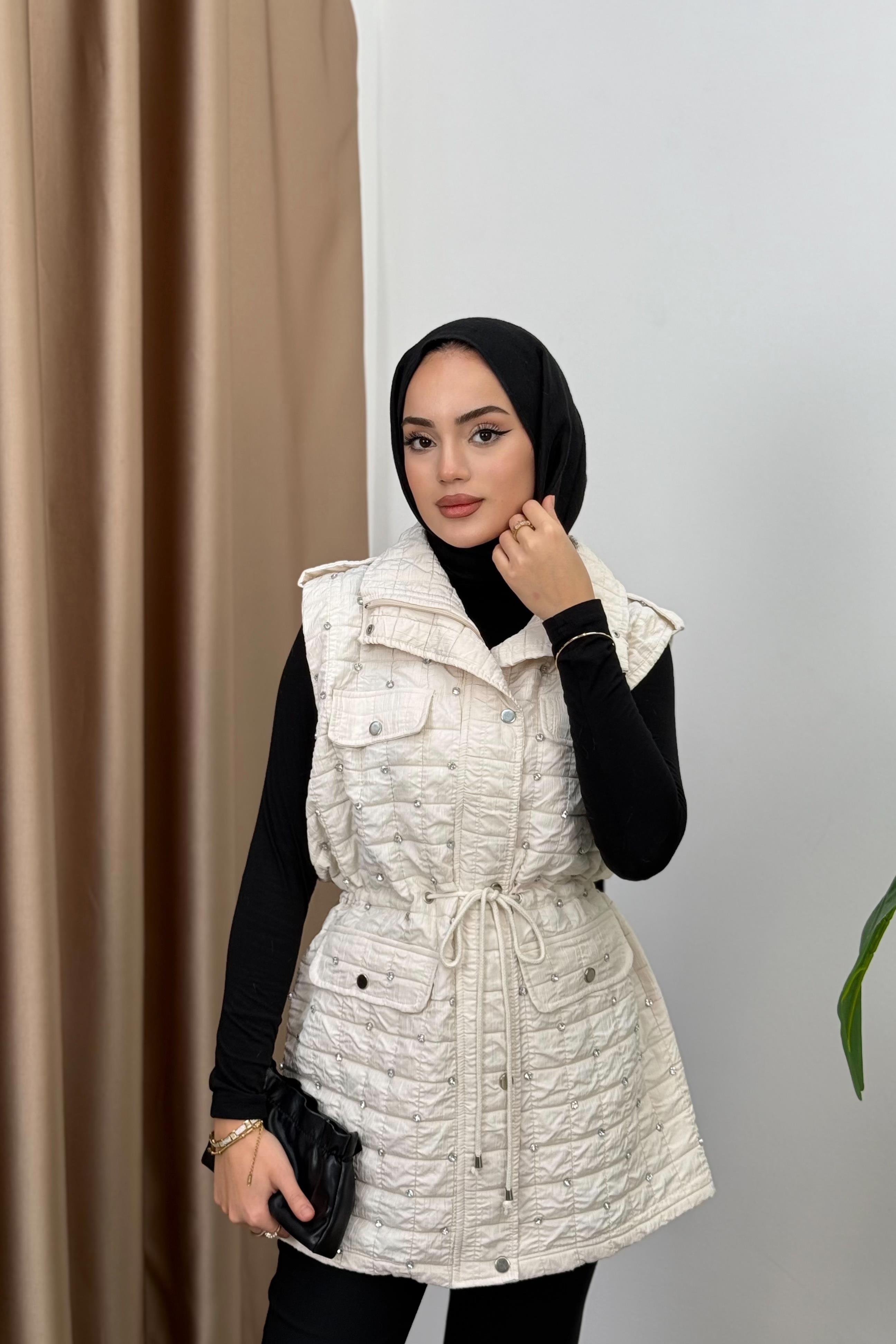 Taşlı Kapitone Yelek - EKRU
