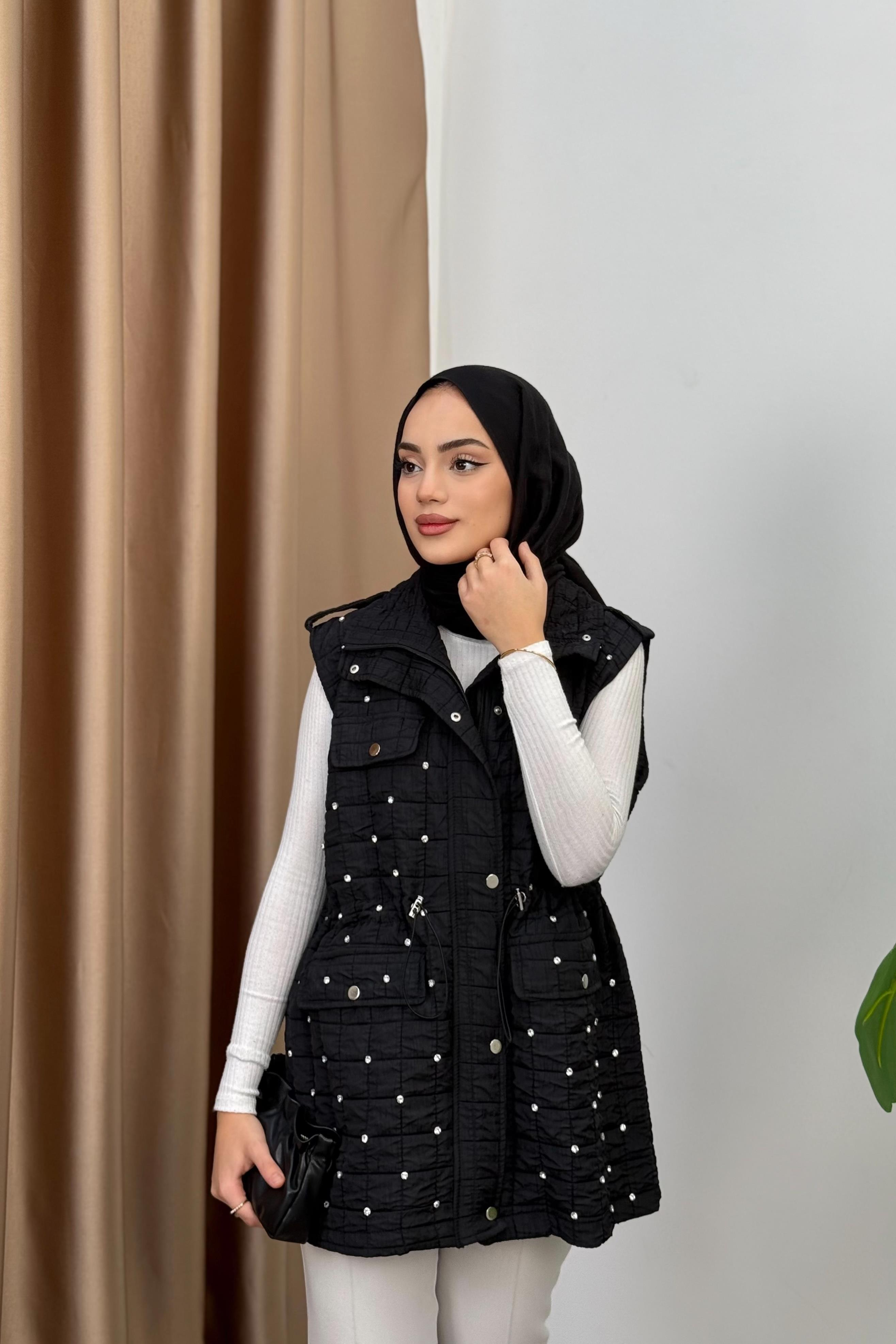 Taşlı Kapitone Yelek - SİYAH