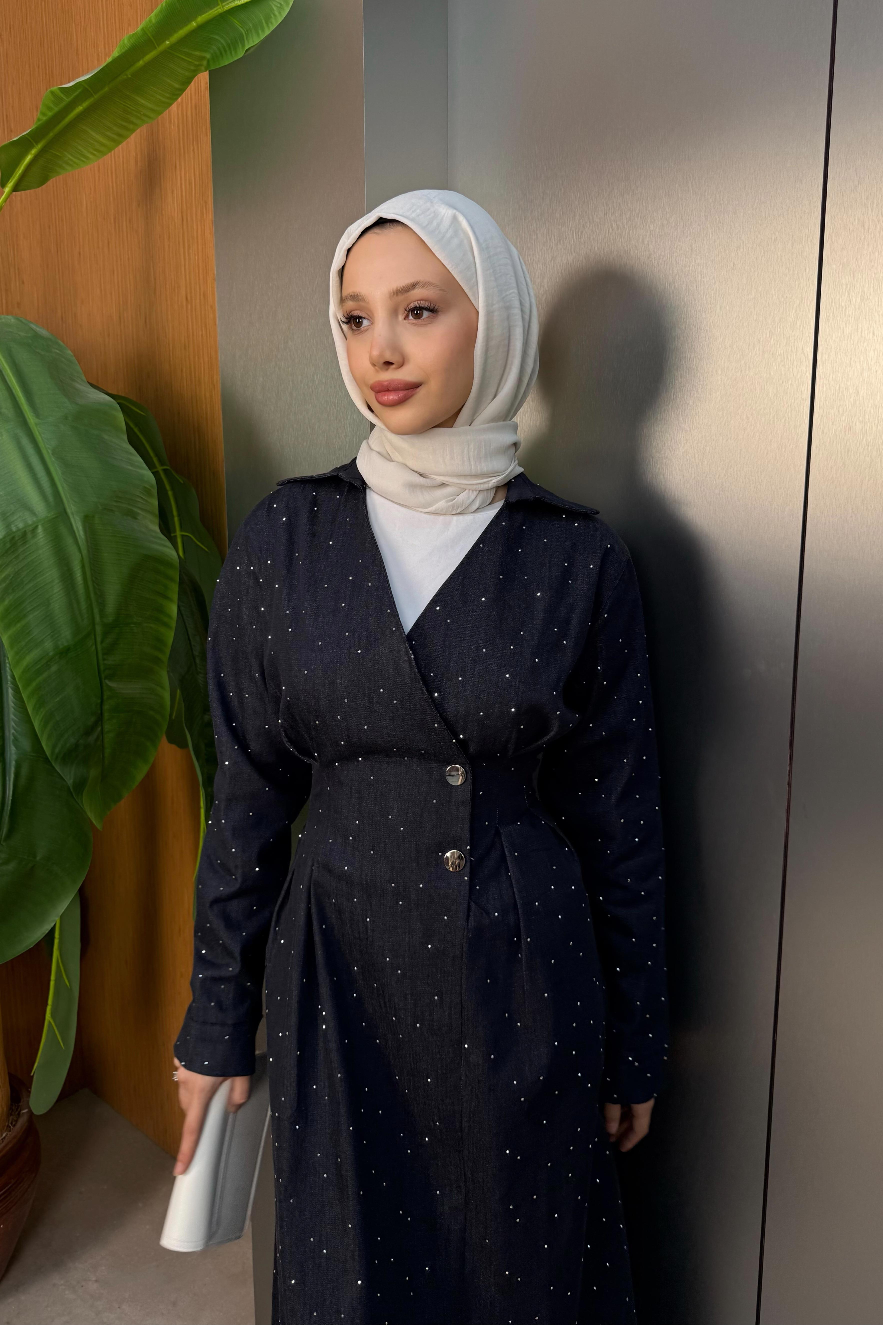 Taşlı Kot Elbise - Mavi