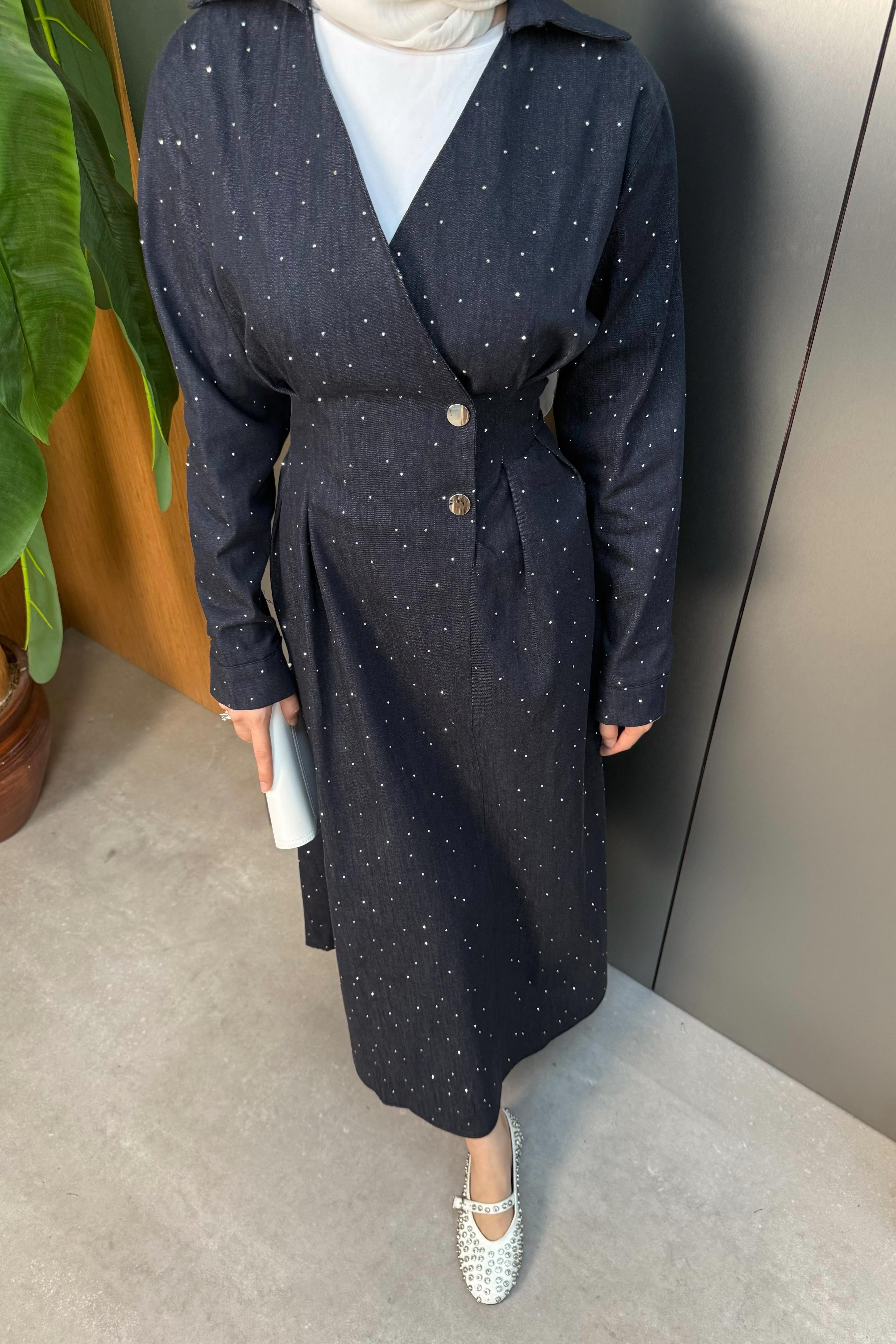 Taşlı Kot Elbise - Mavi