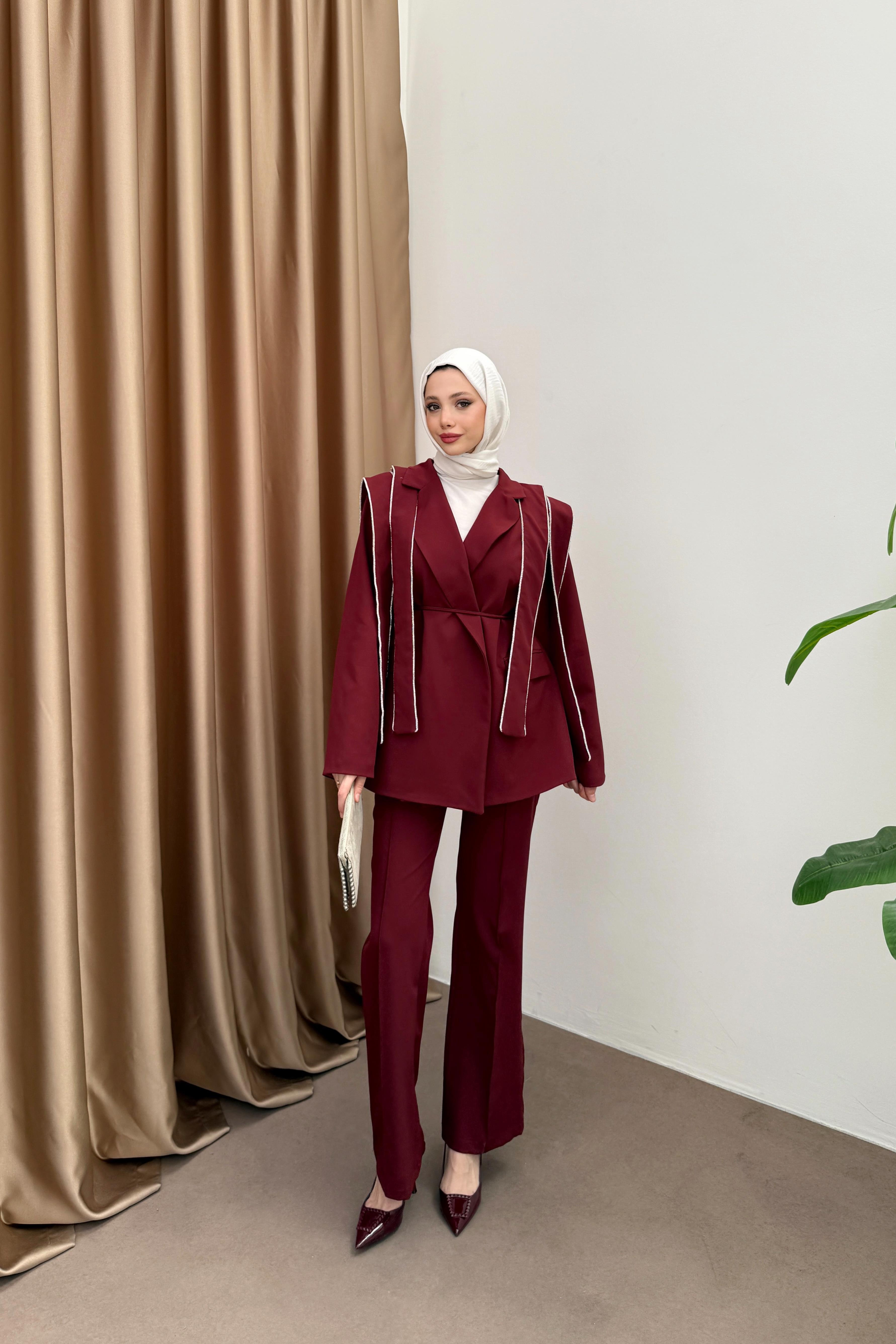 Taşlı Tasarım Blazer Takım - Bordo