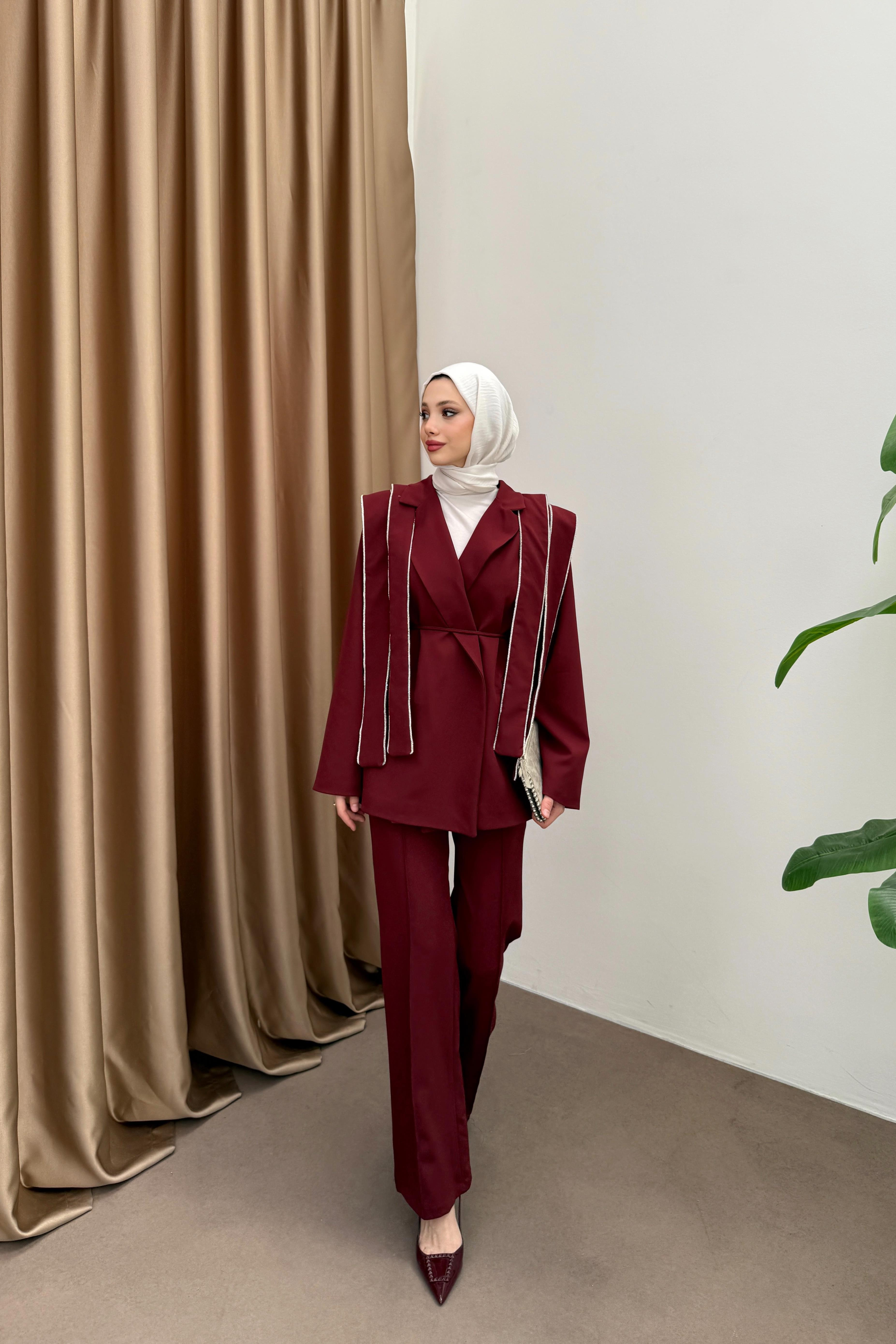 Taşlı Tasarım Blazer Takım - Bordo